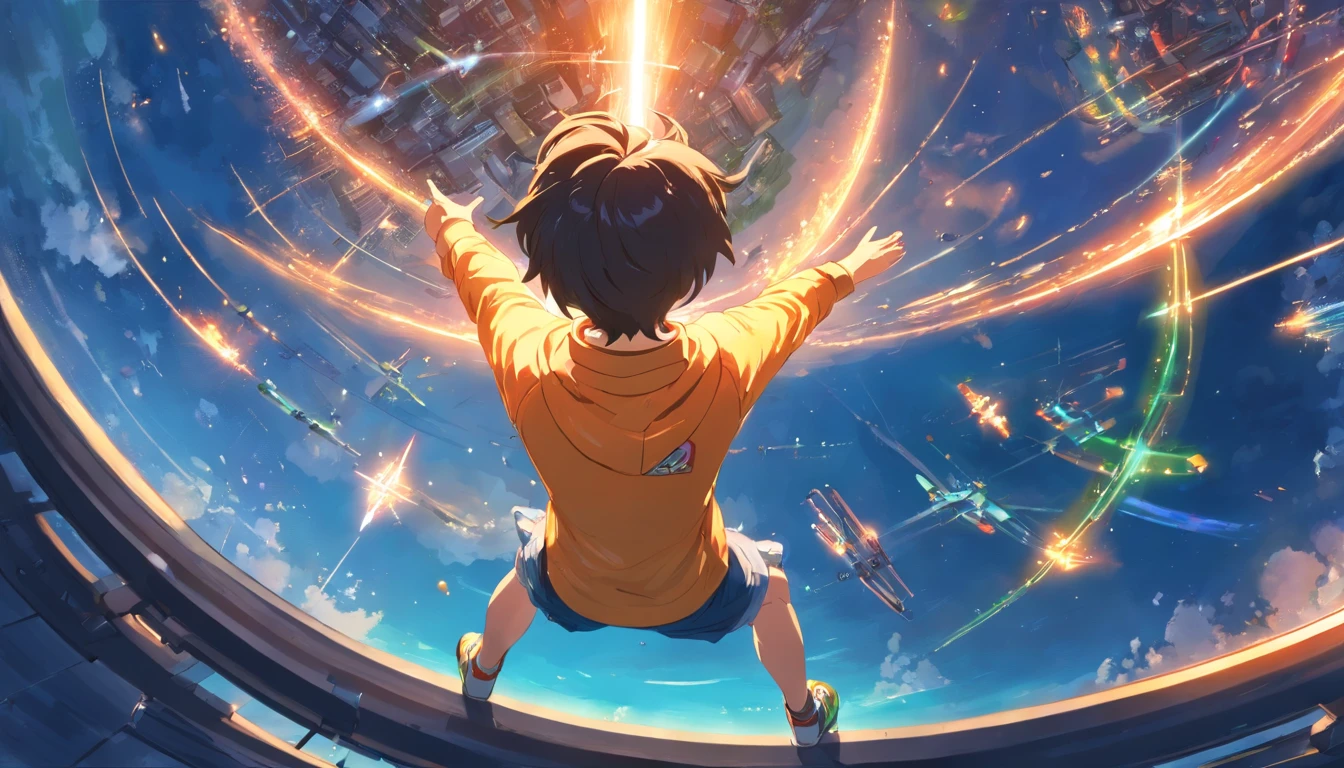 ridiculous resolution, high resolution, (masterpiece:1.4), super detailed, 1boy, seen from above, space, floating, --v 6