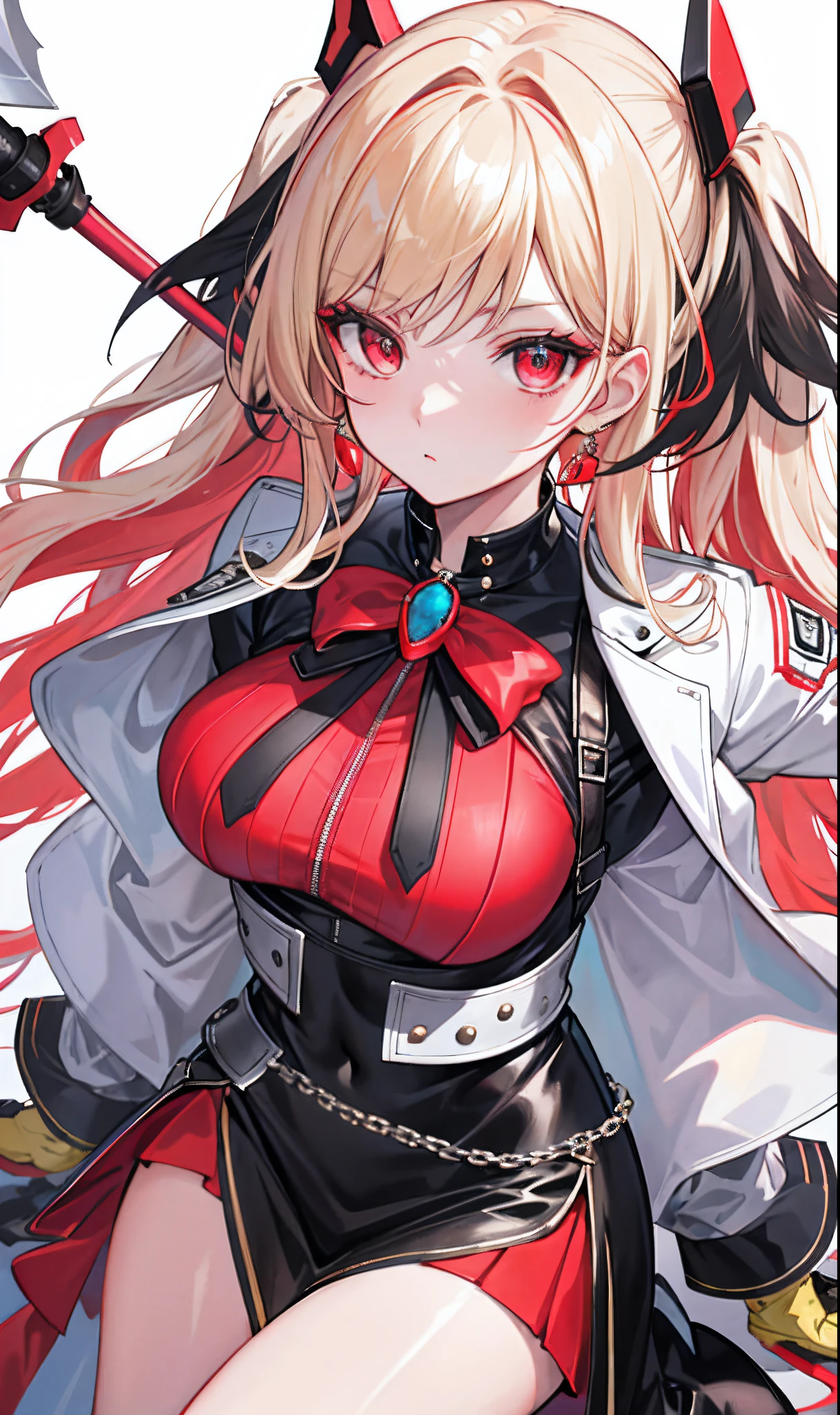 Beautiful anime girl, solo, 1girl, looking at viewer, cute,beautiful, red eyes, open hair, blonde hair, long hair, bangs, wearing a strawhat, Monkey D luffy's strawhat, one piece, smiling, smooth skin, light skin, red lips, golden earings, anime, best quality, masterpiece, extremely detailed, 4k, red eyes, beautiful red eyes, detailed face, detailed eyes, red dress, golden necklace