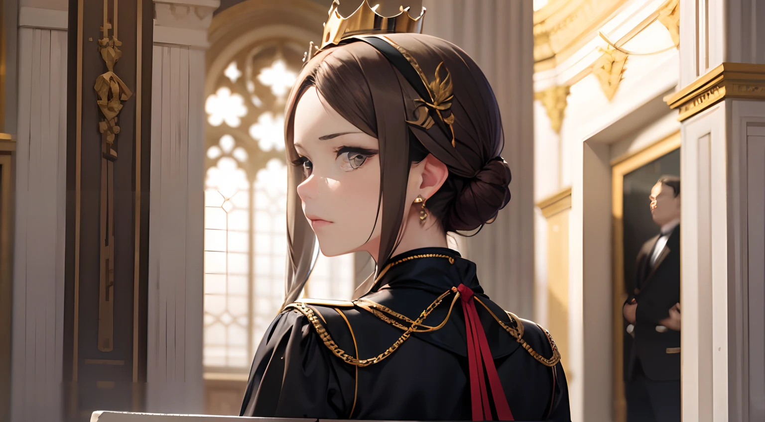 cartoonish style,Shinkai sincerely,hiyao miyazaki,A woman in a black evening dress in the palace,Turning Head,Rich and luxurious,Wearing a phoenix crown headdress,wide wide shot,Black accents,Multiple layers of clothing,Delicate three-dimensional facial features,Gray-brown hair,Pan head,wide wide shot,World-weary face,With crown and hairpins,ellegance,Turn your head and look back,Turning around