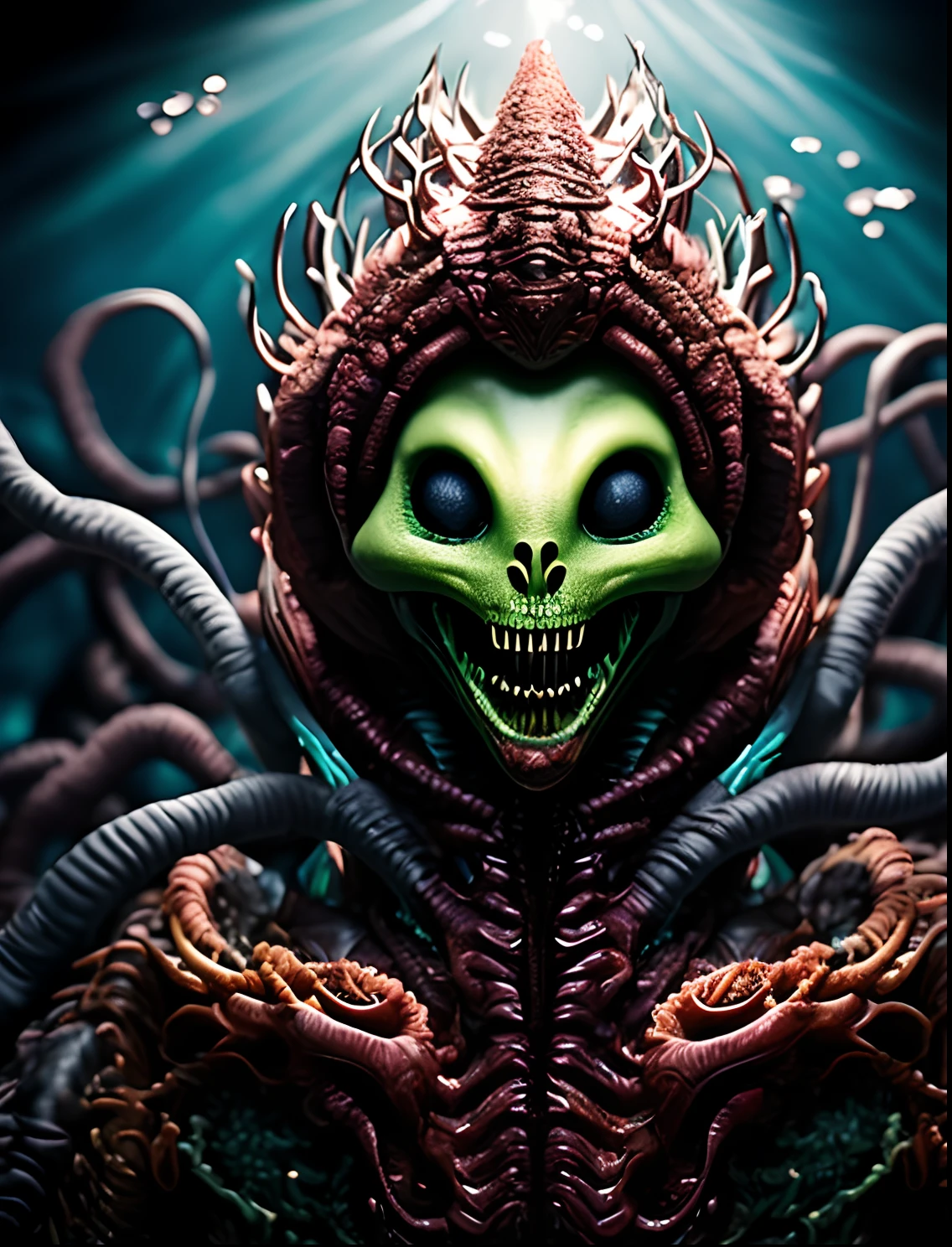 (melhor qualidade,alto,ultra-detalhado),Portrait of alien creature,tipo peixe,tamanho grande,paisagem da praia,sea of alien green water,cinco olhos brilhantes,dentes espetados,escamas escabrosa colorida,red skies,retrato,horror,artistas conceituais,vivid colors,foco nítido,studio lighting