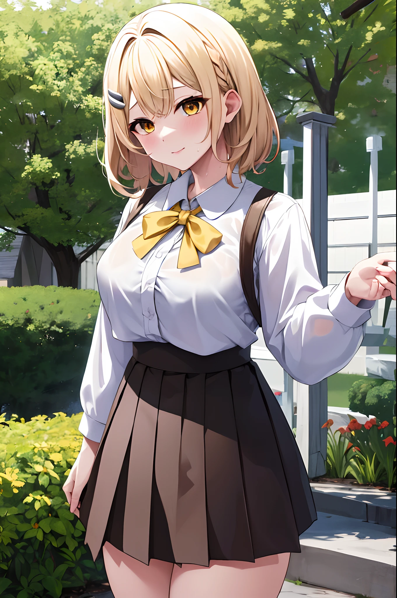 masterpiece, top-quality, hight resolution, 1girl in,White wet shirt, Virtual Youtuber, checked skirt, 独奏, thighs thighs thighs thighs,, blonde  hair,bobhair, shorth hair, White wet shirt,white thighhig, shirt with collar, Sleeve half, Open your clothes, bangss, yellow eyes, Checked pleated skirt, standingn、cowboy shot、outside of house、