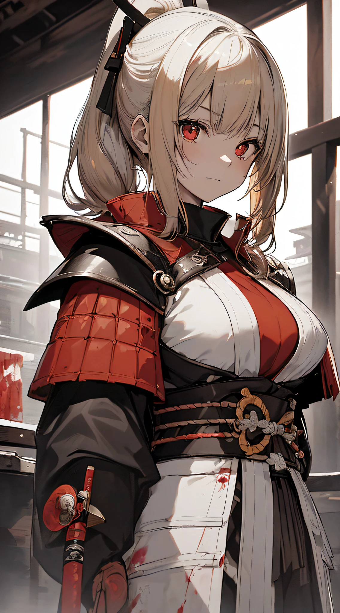 top-quality、Top image quality、masterpiece、girl with((18year old、Black Samurai Costume、Best Bust、Bust 85、a blond、poneyTail、Red Eyes、open chest wide、Happiness、Return blood、Holding a Japan sword))hiquality、visualart、Background with((Black and white world))、Kurosawa Film Style