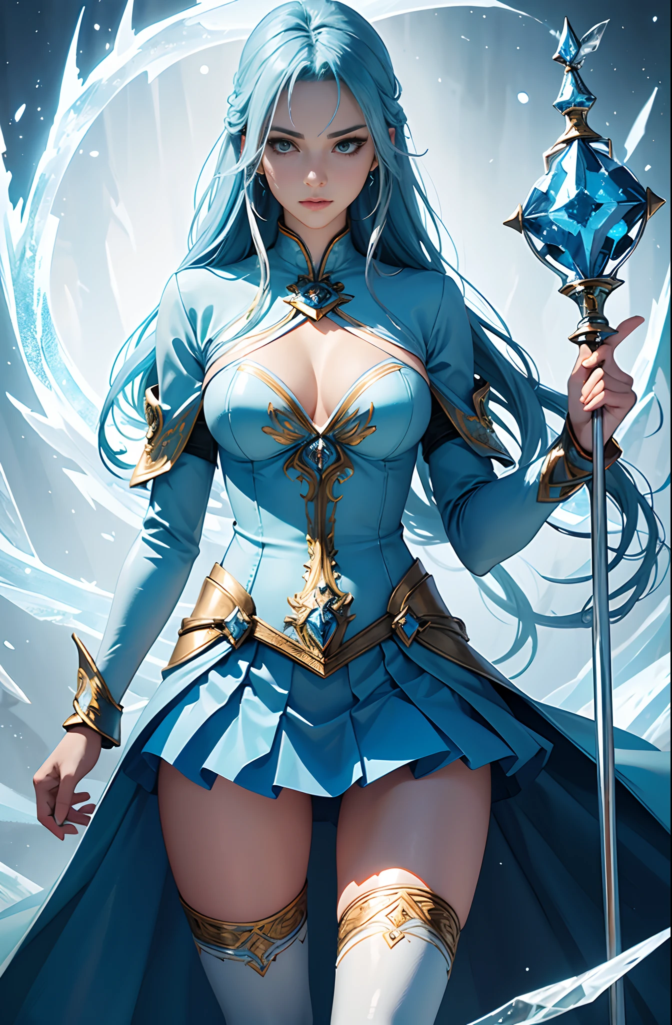 best quality, masterpiece, realistic, Beautiful sexy cool tall, slim, fit woman, wearing light blue skirt with stockings, fantasy shirt, athletic body, intricate and highly detailed, long blue hair, sexy expression, casting ice magic from her hands, ice god, ice master, ice magician, freezing, magical staff, magical abilities