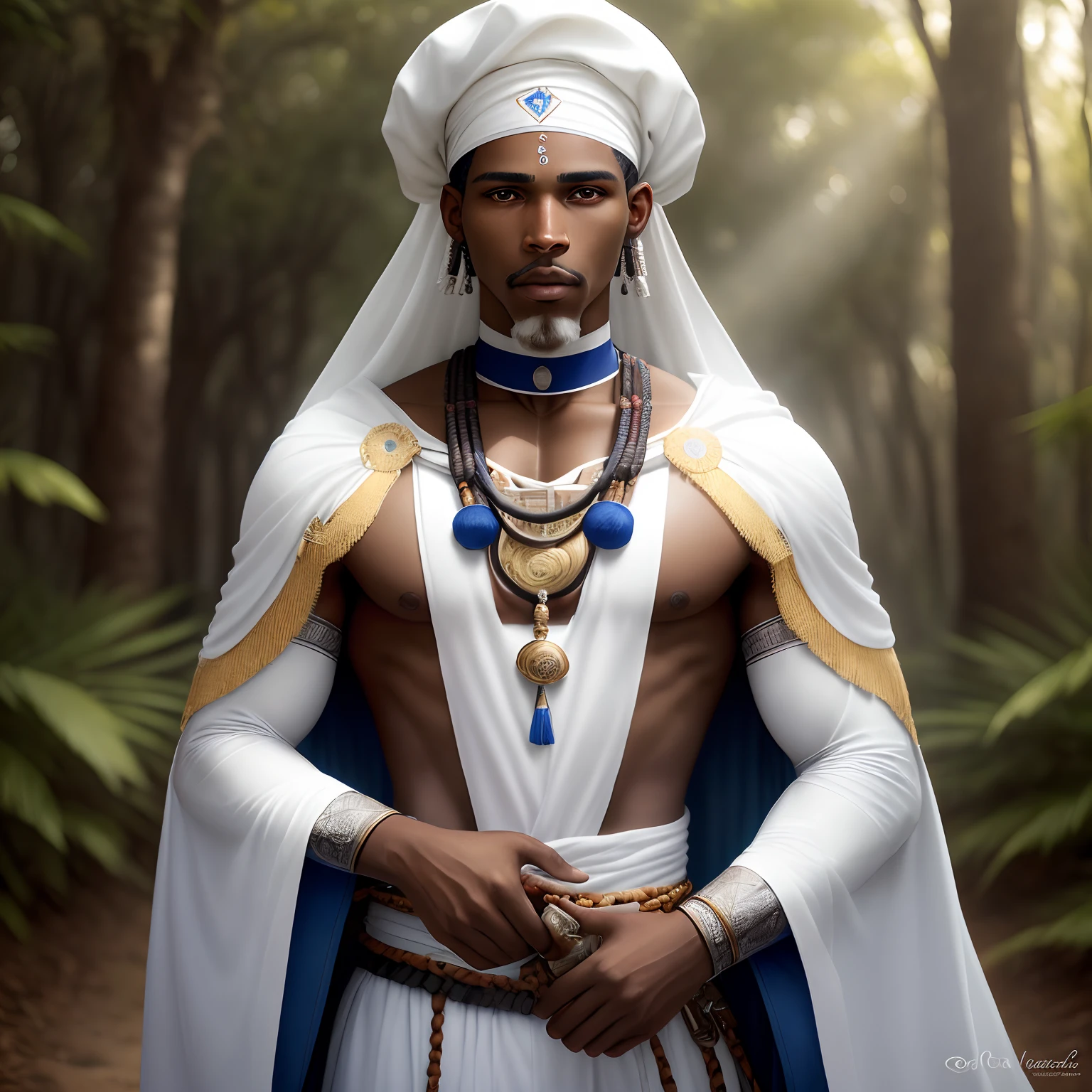 Obatala ayaguna, Guerrero Hombre negro, africano, cabello afro, maduro, Beautiful, Parte superior del cuerpo, autumn forest, ropas blancas sin mangas y que dejen ver el pecho, 24mm, Texturas 4K, Turbante azul, Collar de cuentas rojas y blancas, Espada africana, soft cinematic light, Foto RAW, Fotorrealismo, fotorrealista, intrincado, elegante, Altamente detallado, foco nítido, ((((((cinematic look)))), tonos suaves, Detalles locos, Detalles intrincados, hiperdetallado, bajo contraste, soft cinematic light, colores oscuros, exposure blending, HDR, descolorido
