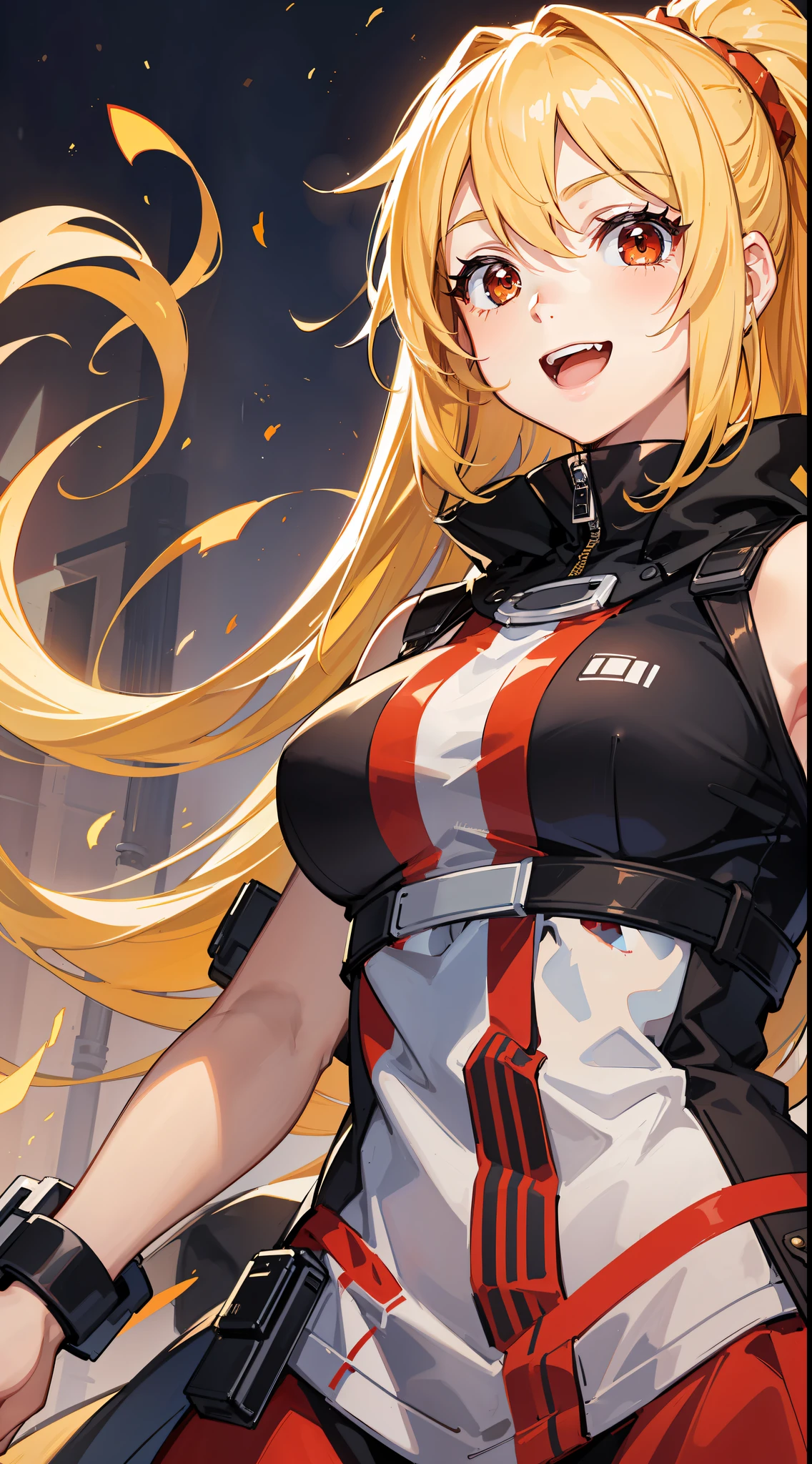 young girl, long yellow hair, high ponytail, red eyes, open Jedi form, Smile, open mouth, Masterpiece, high qulity