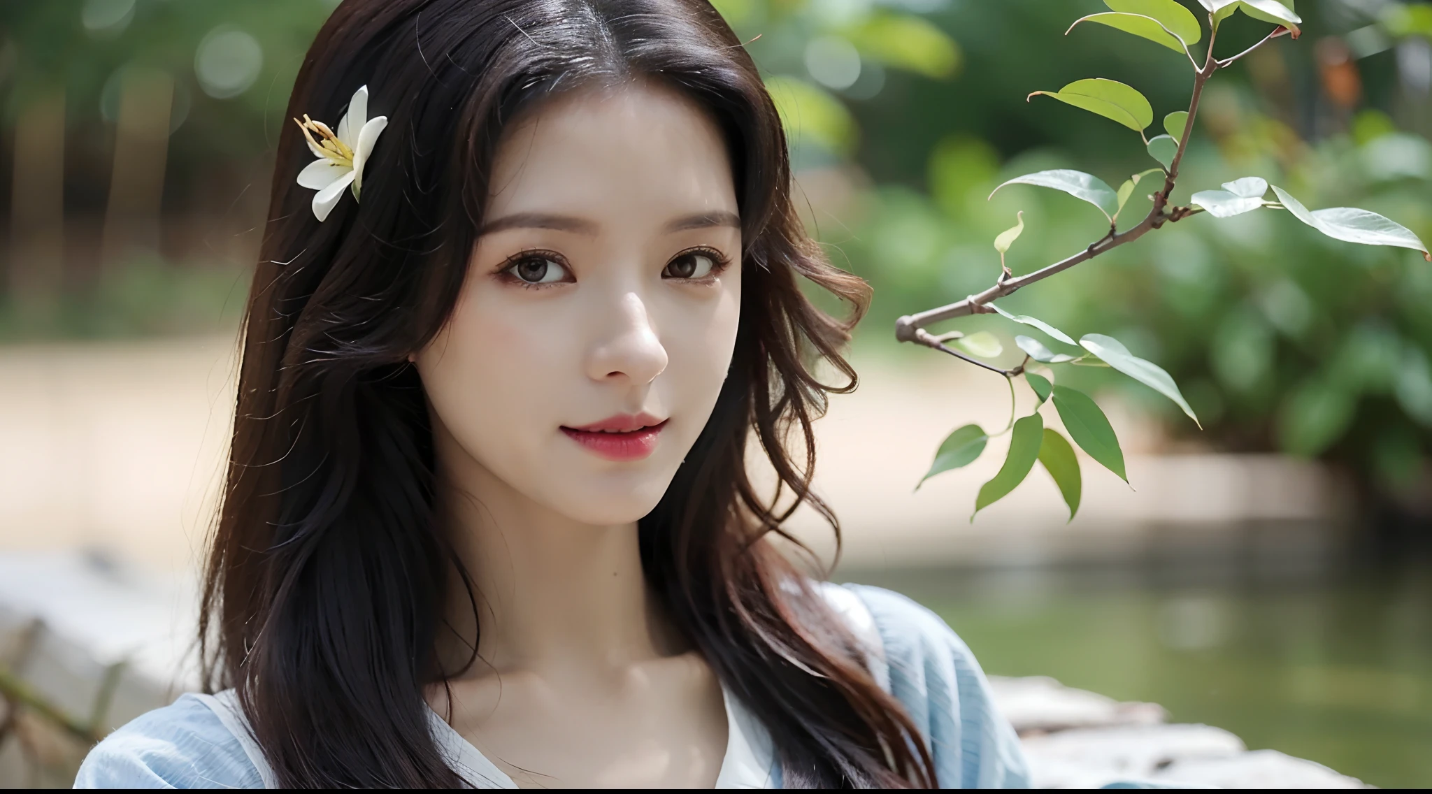 Front light,tree, plant, Palm_tree, water, 1girll, flower, pond, Japanese_clothes, Hair_decorations, potted_plant, Hair_flower, Lily_pads, Solo, Bamboo, branch, Lake, White_komono,, day, sash, Looking_at_peeping at the viewer, Grass, Bush, bridge, Obi, Wide_Sleeves, Smile, Long_Hair, leafs, Breasts,(A half body,Close-up:1.3),Face lighting