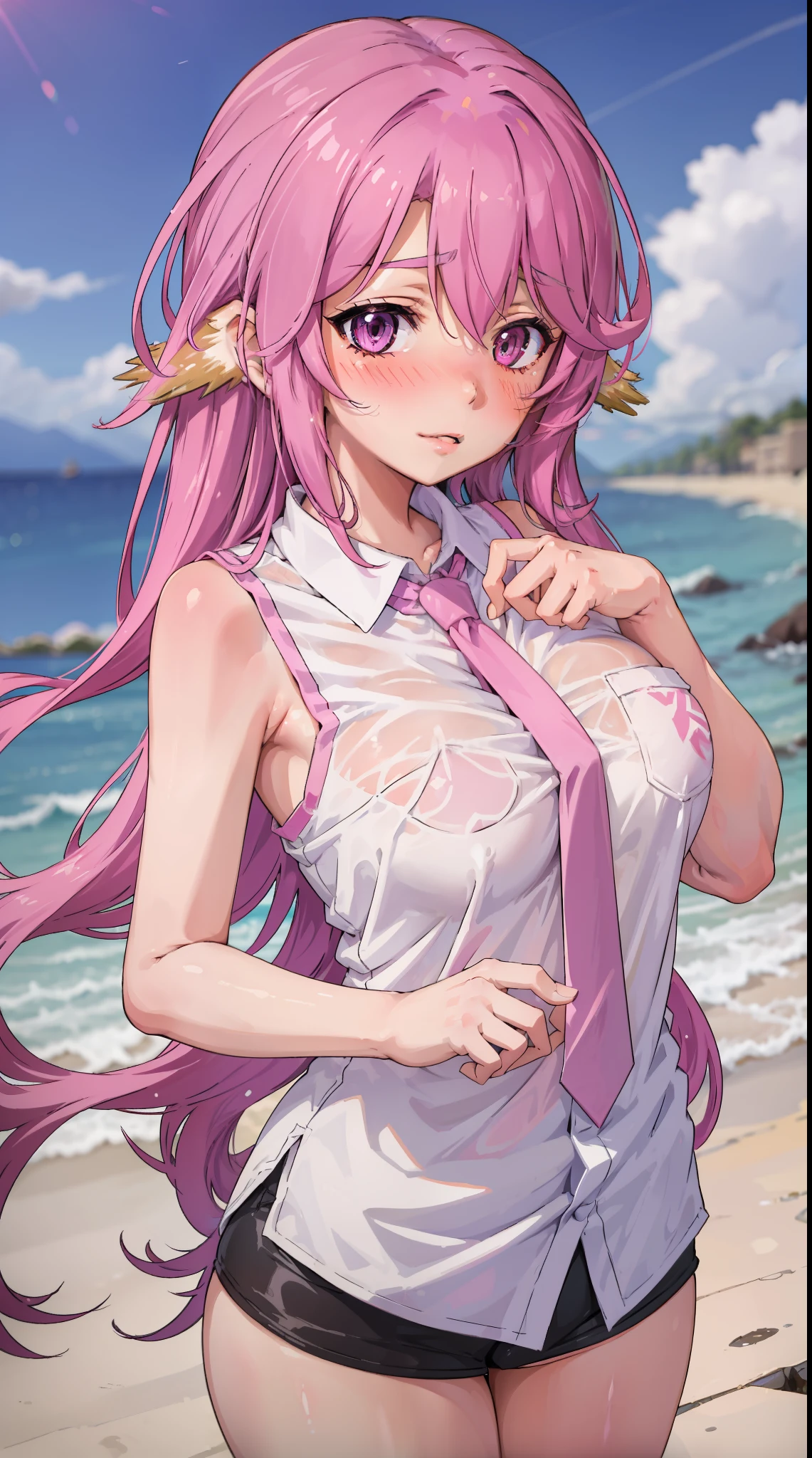 Jibril, blushed, perfect anatomy, detailed eyes, detailed lips, extremely detailed eyes and face, vivid colors, masterpiece:1.2, ultra-detailed, blushed, ((doggystyle)), (solo), ((shirt)), sleeveless, outdoors