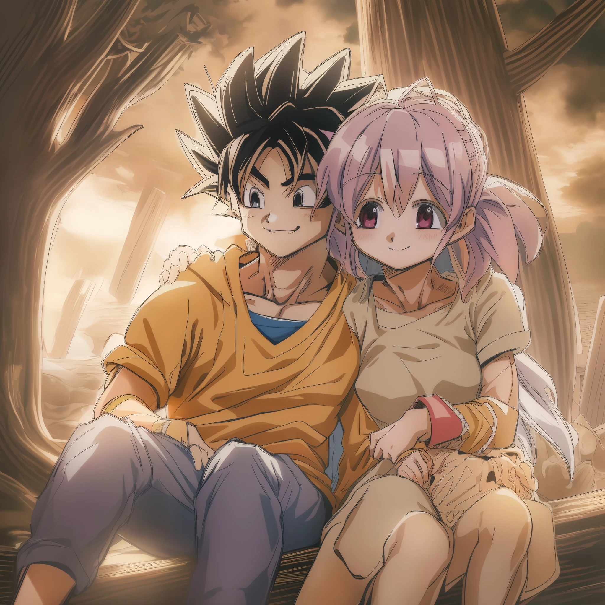 madoka,son goku,couple,husband and wife,love dovey couple,sitting,hug,,smile,(best quality,4k,8k,highres,masterpiece:1.2),ultra-detailed,hug