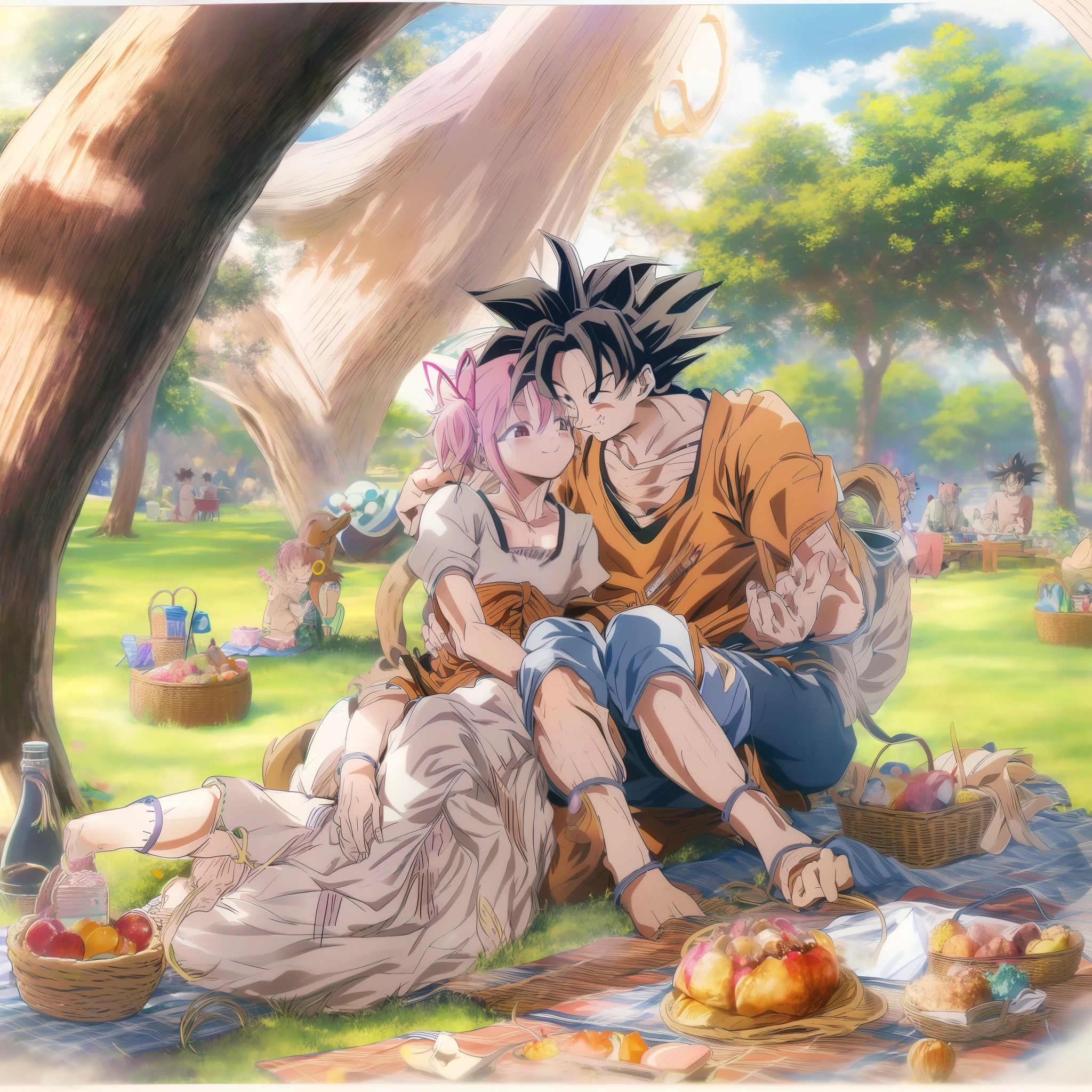 madoka,son goku,couple,husband and wife,love dovey couple,sitting,hug,,smile,(best quality,4k,8k,highres,masterpiece:1.2),ultra-detailed,picnic,