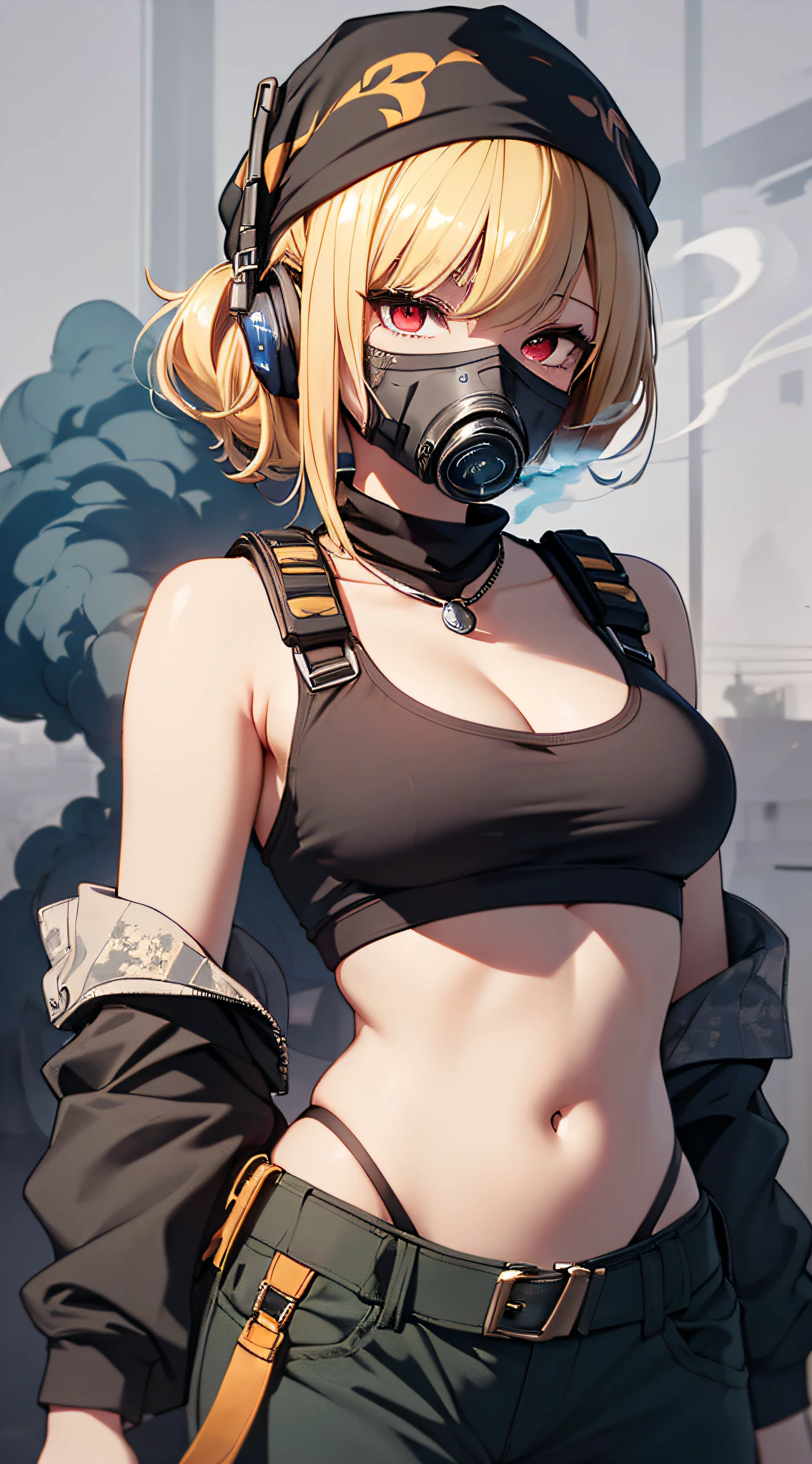 top-quality、Top image quality、masterpiece、girl with((18year old、Blue navel tank top、Military pants、Best Bust、Bust 90、Blonde lointail、Red Eyes、open chest wide、Valley、Happiness、A slender、ssmile、gas masks、Survival knife、Survival Suit))hiquality、Beautiful Art、Background with((Savage Club))、masutepiece、Elaborate design、visualart、