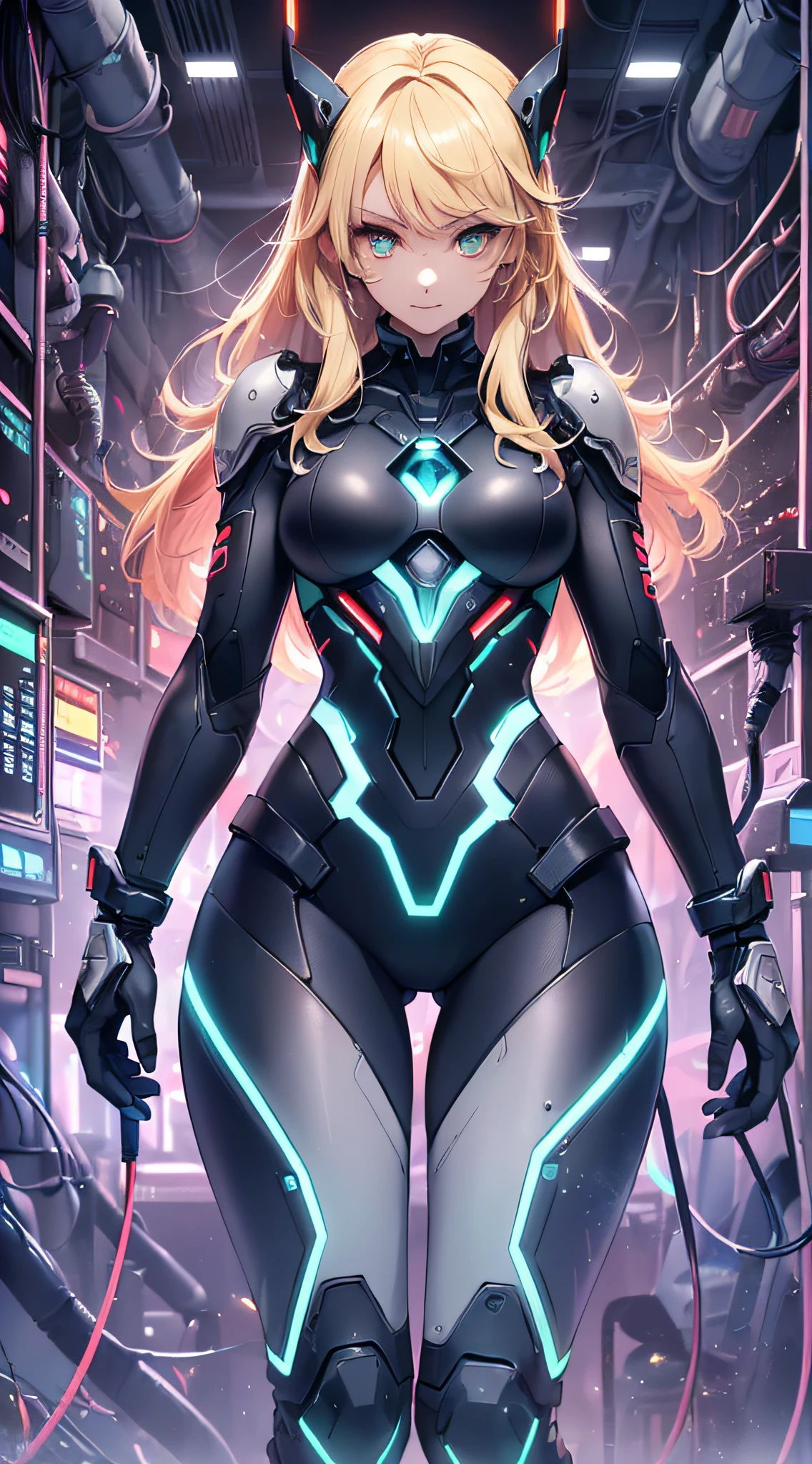 top-quality、Top image quality、​masterpiece、Android Girl((18year old、Red, Black and blue glowing cybersuit、Blue energy source for the chest,Best Bust、Bust 90、Blonde Away Tail、Blue-green eyes、open chest wide、Valley、Happiness、A slender、Warlike face、Stand at the front、Countless cable connections throughout the body、Particles of light、Sharp claw arm)）hiquality、Beautiful Art、Background with((research complex、Cooling system、Frozen capsules、neon color、Cyberworld、Cold、Countless cables、Enemy Android))、masutepiece、Elaborate design、visualart、