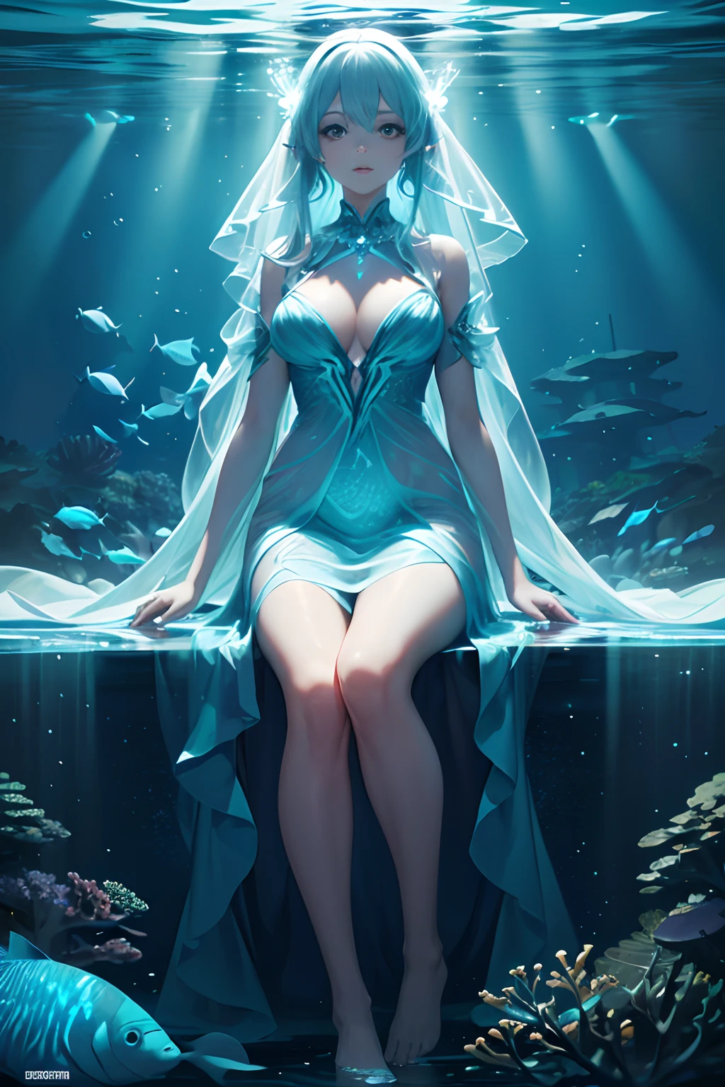 Breathtaking 8K, Masterpiece, Beautiful woman, Long (Bioluminescent dress), full bodyesbian, ((At the bottom of the sea)),Lots of bubbles, ((Underwater)), ((Fish)), (Caustics), voluminetric lighting, Light rays