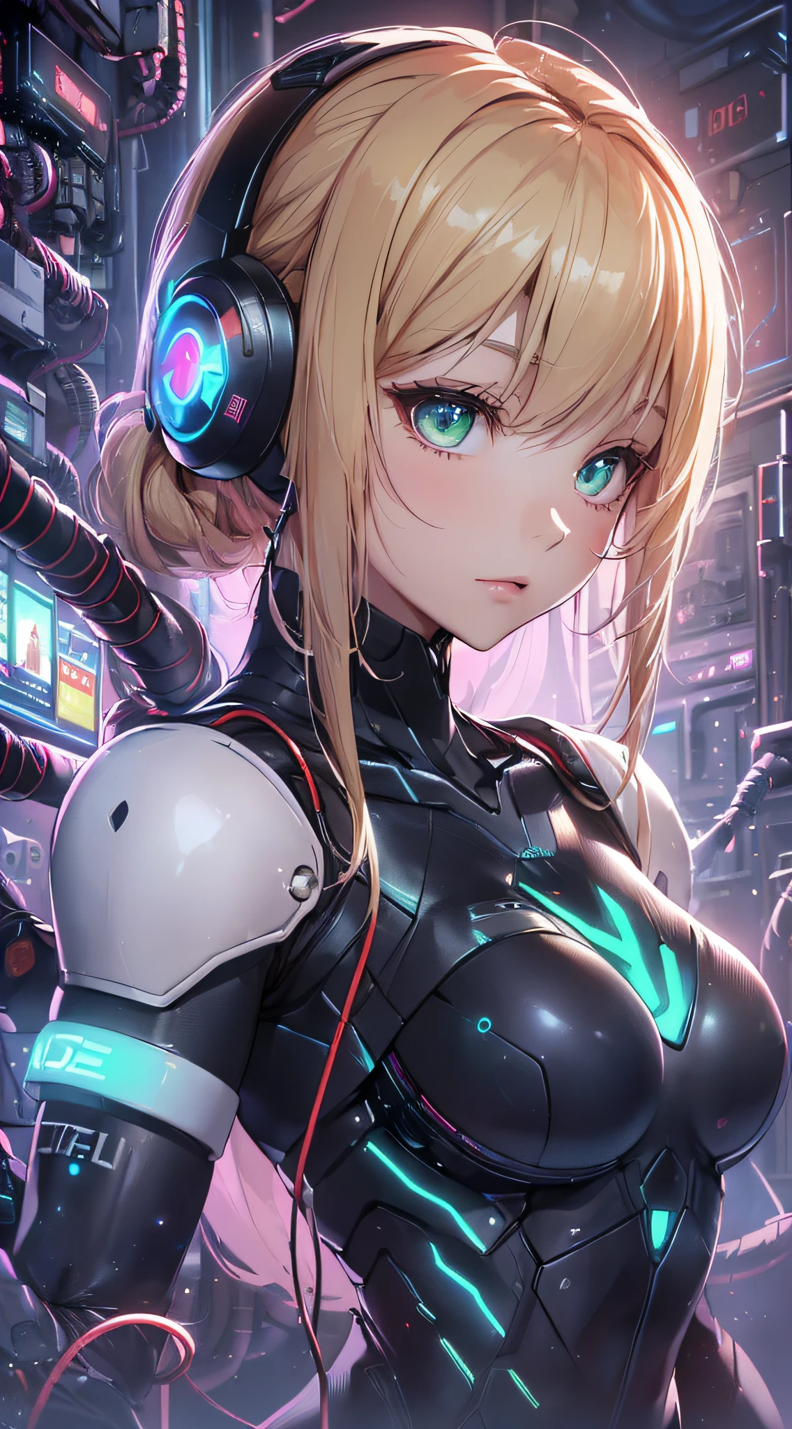 top-quality、Top image quality、masterpiece、Android Girl((18year old、Red, Black and blue glowing cybersuit、Blue energy source on chest,Best Bust、Bust 90、Blonde Away Tail、Red Eyes、open chest wide、Valley、Happiness、A slender、deadpan、Stand at the front、Countless cable connections throughout the body))hiquality、Beautiful Art、Background with((research complex、Cooling system、Frozen capsules、neon color、Cyberworld、Cold))、masutepiece、Elaborate design、visualart、