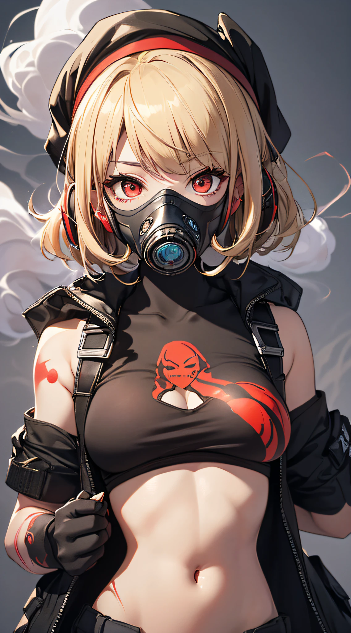 top-quality、Top image quality、masterpiece、girl with((18year old、Blue navel tank top、Military pants、Best Bust、Bust 90、Blonde Away Tail、Red Eyes、open chest wide、Valley、Happiness、A slender、ssmile、black bandana、Holding a revolver in your right hand、,gas masks,Earphone jack in ear、Red Body Paint、Shooter))hiquality、Beautiful Art、Background with((Survival Games、Burning smoke))、masutepiece、Elaborate design、visualart、