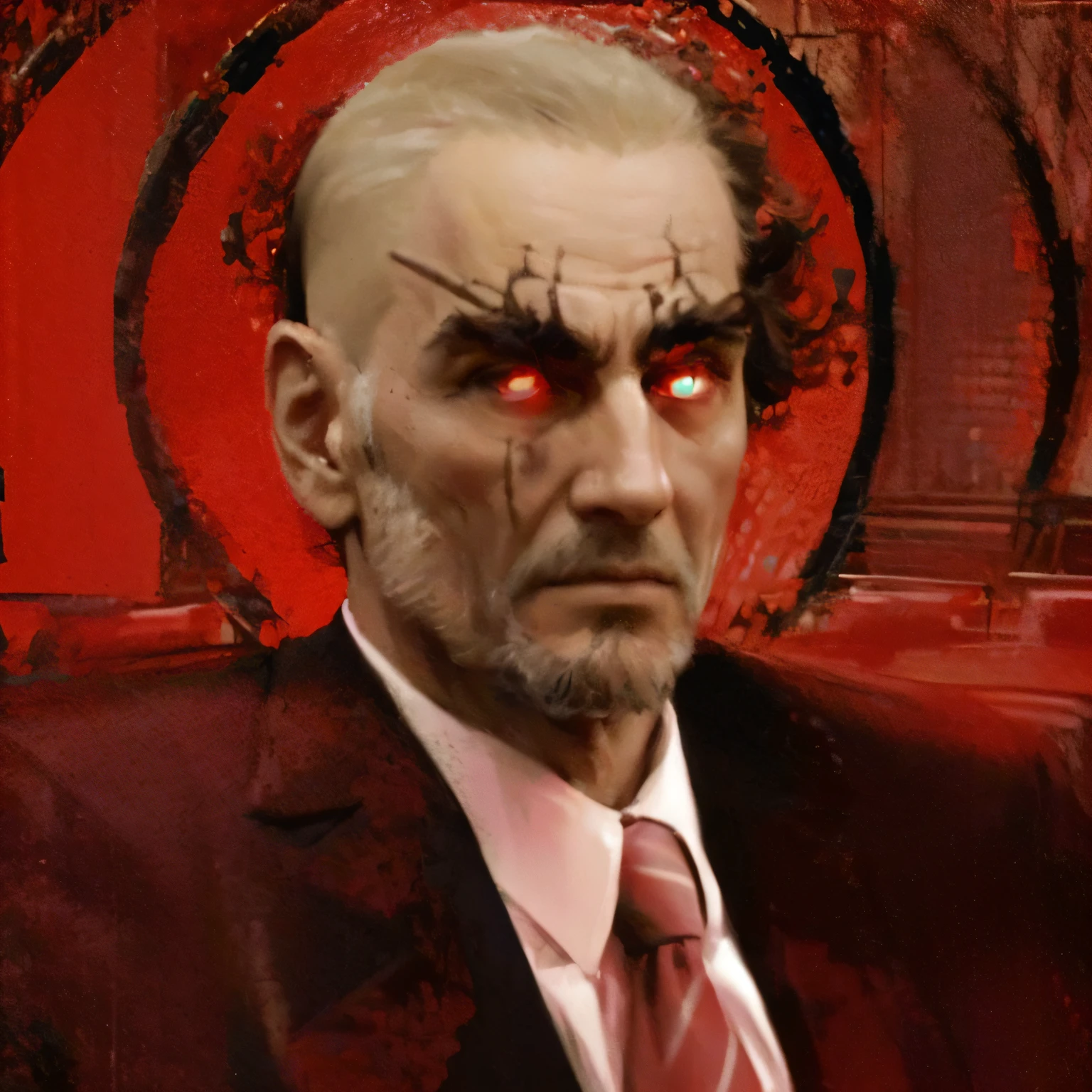 (high quality portrait,detailed,realistic:1.3),ole man,black suit,stylish haircut,confident expression,engaging eyes,well-groomed beard,square jawline,tall and fit,professional lighting,subtle shadows,vivid color palette,modern art style,perfectly symmetrical composition, Serious face with a bit of ferocity, fierce face