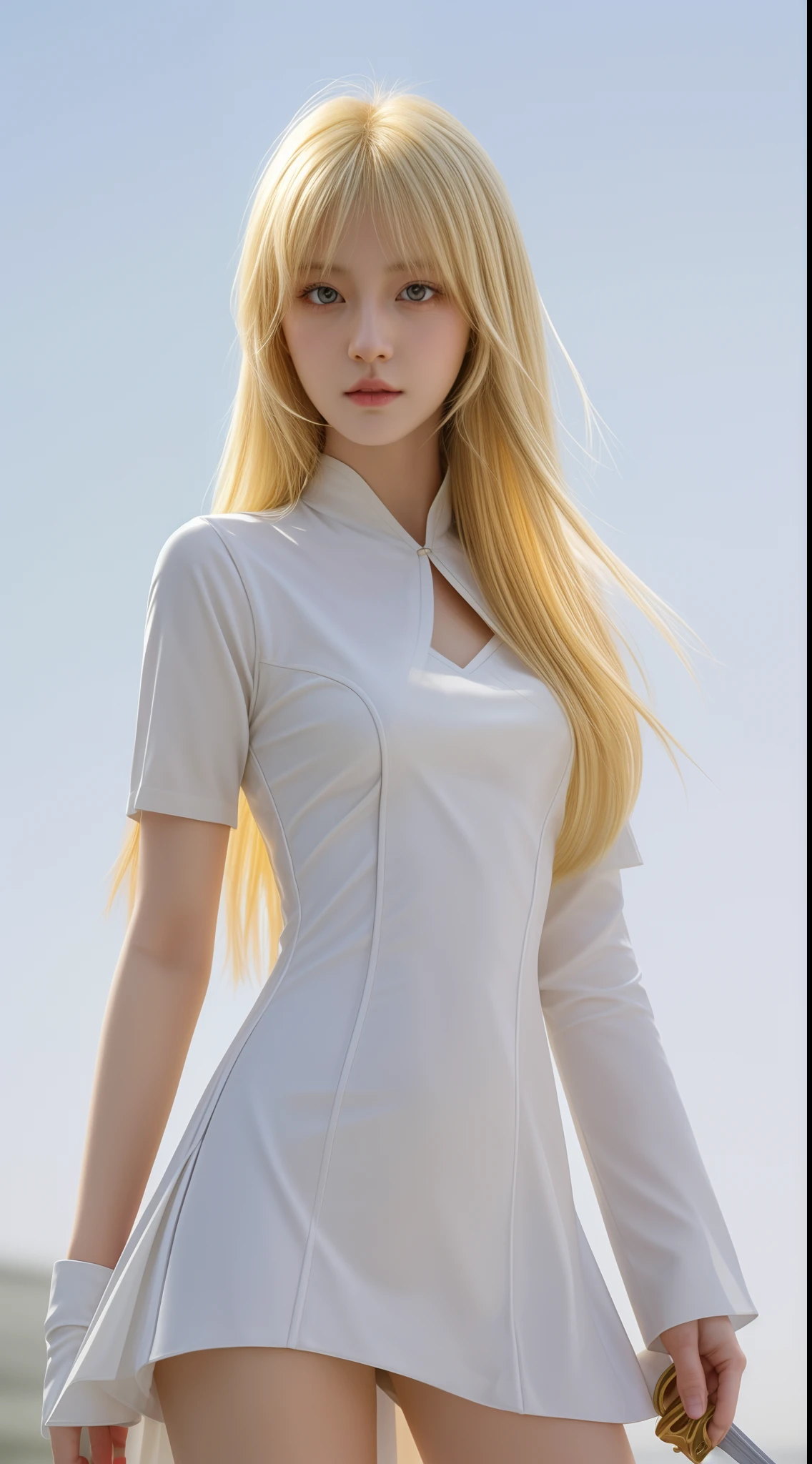 girl in a white outfit, yellow eyes, with a sword, impatic genshin style, blonde long hair, midshot, centered image, ultra detail, extremely face detail, extremely eye detail