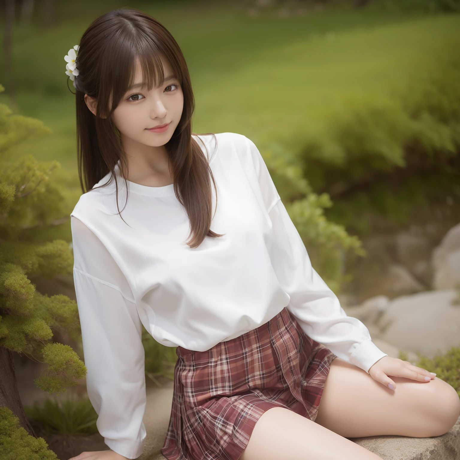 NSFW, 8k RAW photo, top-quality:1.1, masterpiece:1.3, 超A high resolution, film grains, filmg, 1girl in, looking at the viewers, natural skin textures:1.1, realistic eyes and face details:1.1, Full lips, fluffy hair, Shy smile, The shirt, Beautiful natural places,full body Esbian、Around the position of the flower, (细致背景), plaid skirts, white shirt,(Brown medium hair,Bangs), (touch hair:1.4),nogizaka,Beautiful legs:1.1,Ponytail exposed panty shot