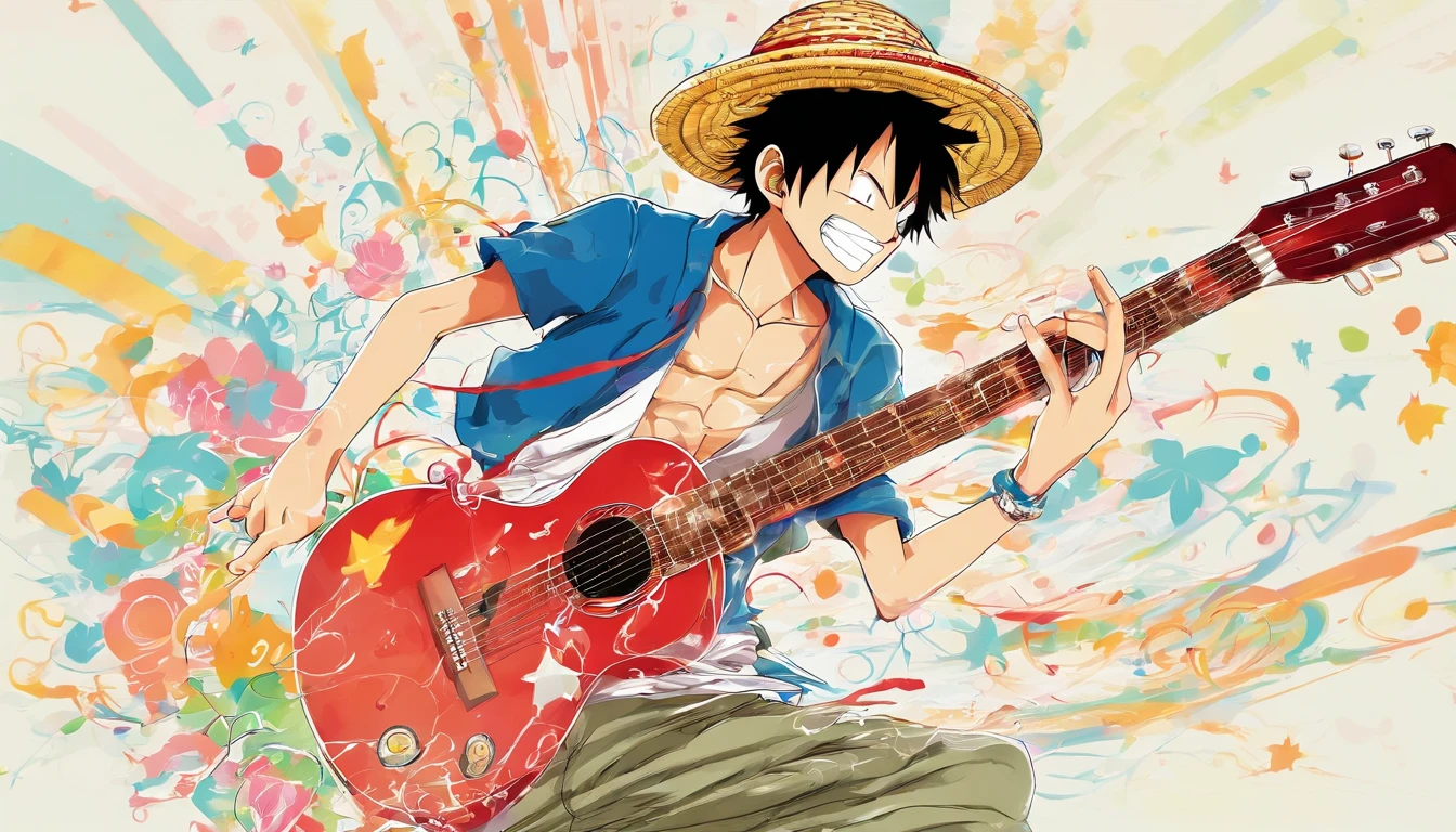 Luffy in straw hat playing football with a guitar