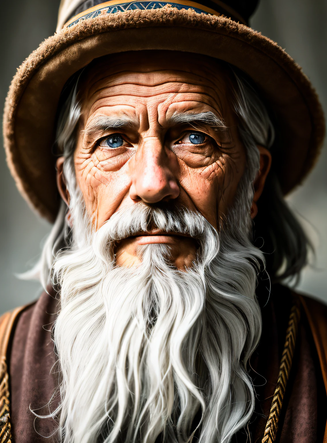 A portrait of a wizard, bearded, wrinkled, weathered, with piercing eyes, detailed face, high details, photography, natural light, Nikon D850, 50mm, f/1.4
