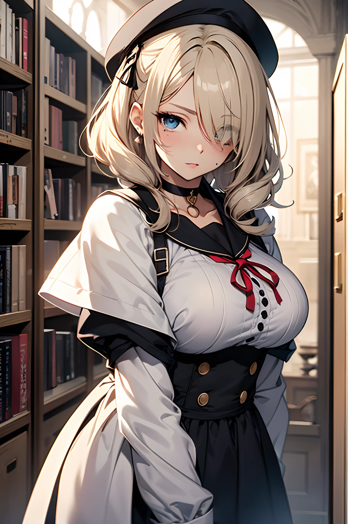 Background with:A room in a large Western mansion（Wall-to-wall bookshelves、Western historical antiques、）。Curvaceous but slender、2 hair colors、Ash color、ornament detached、Maid Sailor、Separate Wear、apron、frilld、a sailor suit、maid clothes、Niso、accessorized、shairband、Muchimuchi Body、well-muscled、mole、hair adornments、shairband、Hats、Distinctive charm points、Eyebrows、Sareme、poneyTail、Muscular nose、red blush、offensive、one eye covered、、Weapon keeping、plump lips、Engaging pose、Physical beauty、Black Choker、disheveled hair、Unique fashion、Depiction in motion、Healing space、soft sunlight、Combining Light and Shadow、(top-quality、hight resolution、8k、​masterpiece:1.2)。complex details beautiful and delicate eyes, Smooth Anime CG Art, Detailed Digital Anime Art, official artwork, pixiv style, Detailed anime artwork, artbook artwork, Seductive Anime Girl。