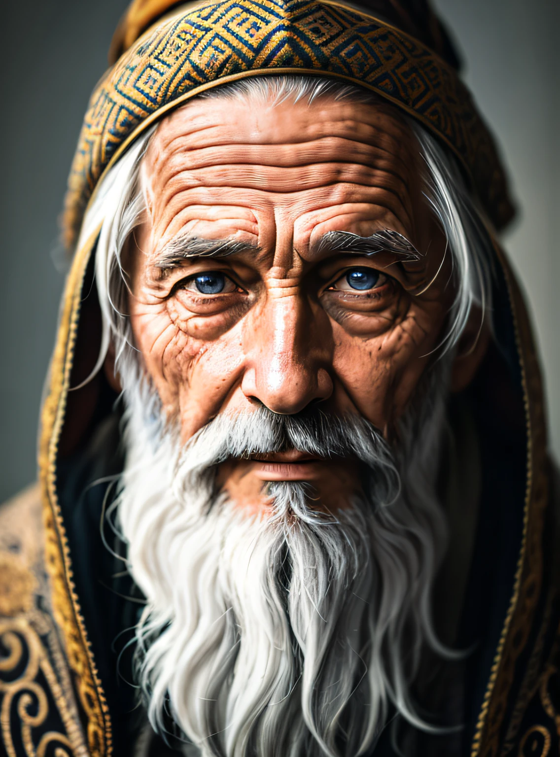 A portrait of a wizard, bearded, wrinkled, weathered, with piercing eyes, detailed face, high details, photography, natural light, Nikon D850, 50mm, f/1.4