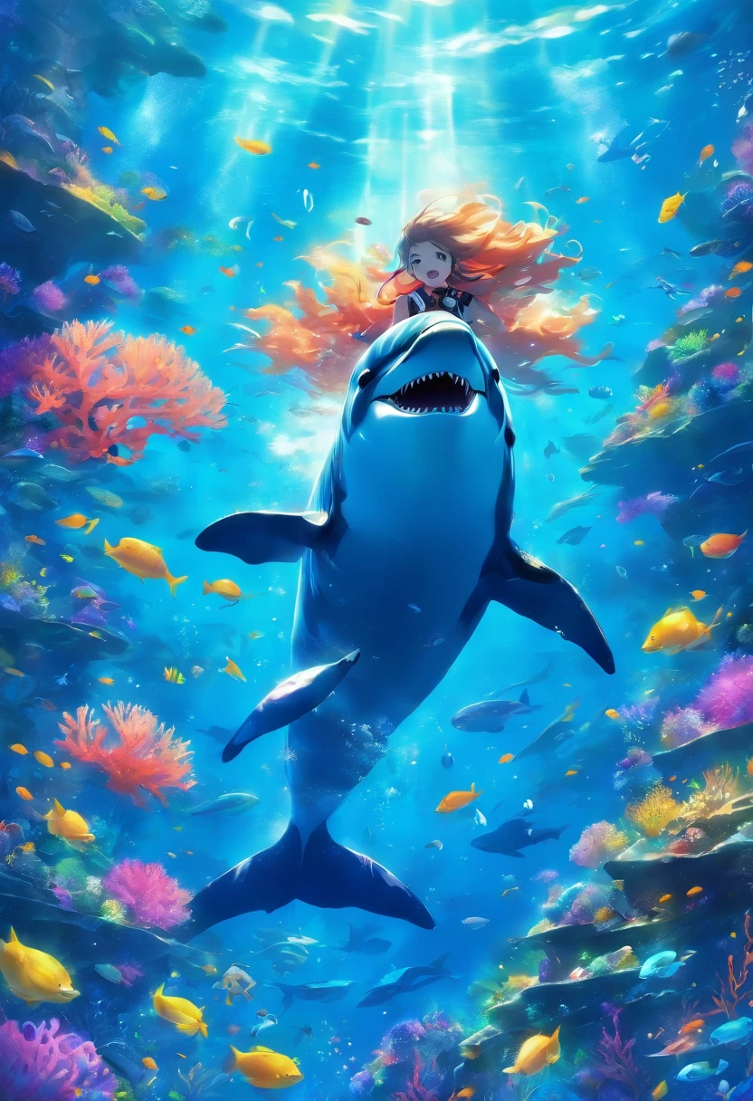 The background of the illustration is a wide and bright ocean,There is a beautiful area of coral reefs in the sea,Corals are colorful and diverse,It emits a colorful glow。There is a diver frolicking with a dolphin,There are also a few small fish swimming freely around them,The whole illustration is full of warmth and energy,Marine animals swim freely in the bright underwater world,It gives a peaceful and nice feeling。