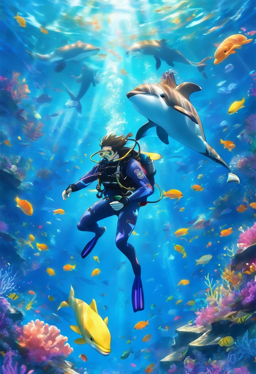 The background of the illustration is a wide and bright ocean,There is a beautiful area of coral reefs in the sea,Corals are colorful and diverse,It emits a colorful glow。There is a diver frolicking with a dolphin,There are also a few small fish swimming freely around them,The whole illustration is full of warmth and energy,Marine animals swim freely in the bright underwater world,It gives a peaceful and nice feeling。