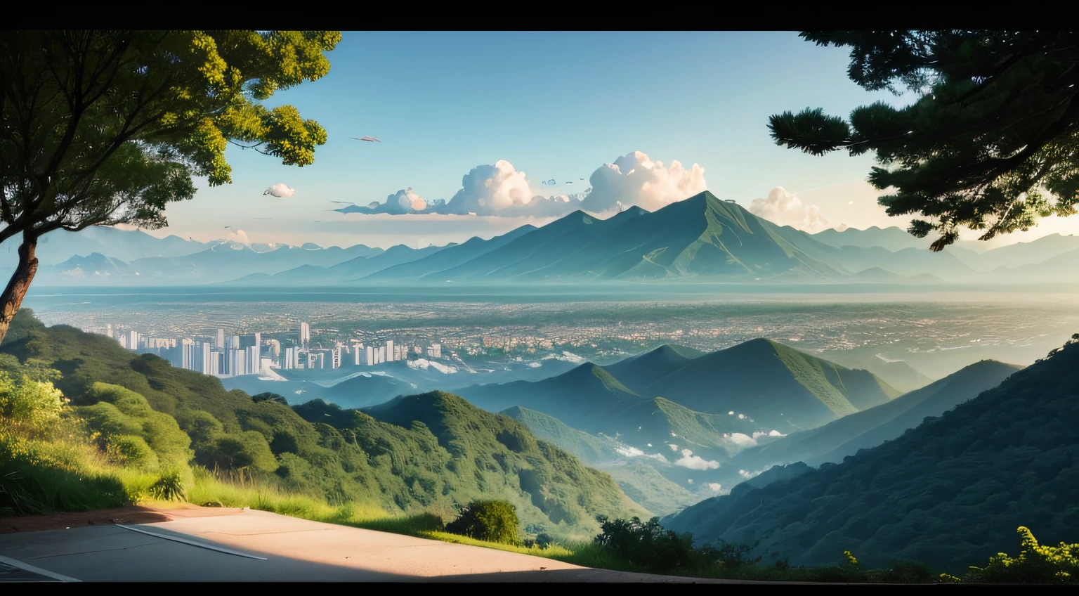 in the early morning,I looked at Kuang Shan from afar,But see the green mountains as picturesque,Verdant colors come in different shades,The trees are uneven