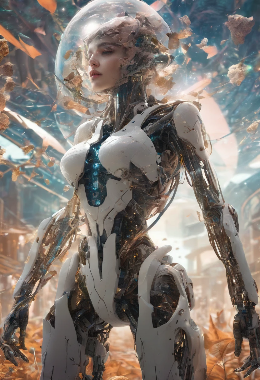 gorgeous botanical cyborg in dry flowers,biomechanical ((cyborg:1.3))automata, android, bokah diadem, damaged suit, dameged head, cracked glass, scratche screen,damned lands,yule heaven,biomechanical cyborg, 8k resoultion, cinematic style digital art render with mechanical and futuristic details, Sci-Fi, hyper realistic ,biomachanical cyborg, post apocalyptic, damaged, surreal,surreal, withered nature, withered plants and leaves , dried , sunset,blurred environment background, portrait, digital art, concept art, post processed, dynamic lighting, (painted by bochen and wlop, stylized by nixeu and greg rutkowski), trend on pixiv, perfect composition, cinematic, majestic, detailed, sharp details, sharp focus, perfect anatomy, shiny, masterpiece, award-winning photography, fine-tuning face, masterpiece, art by yoshiyuki sadamoto and matt banning