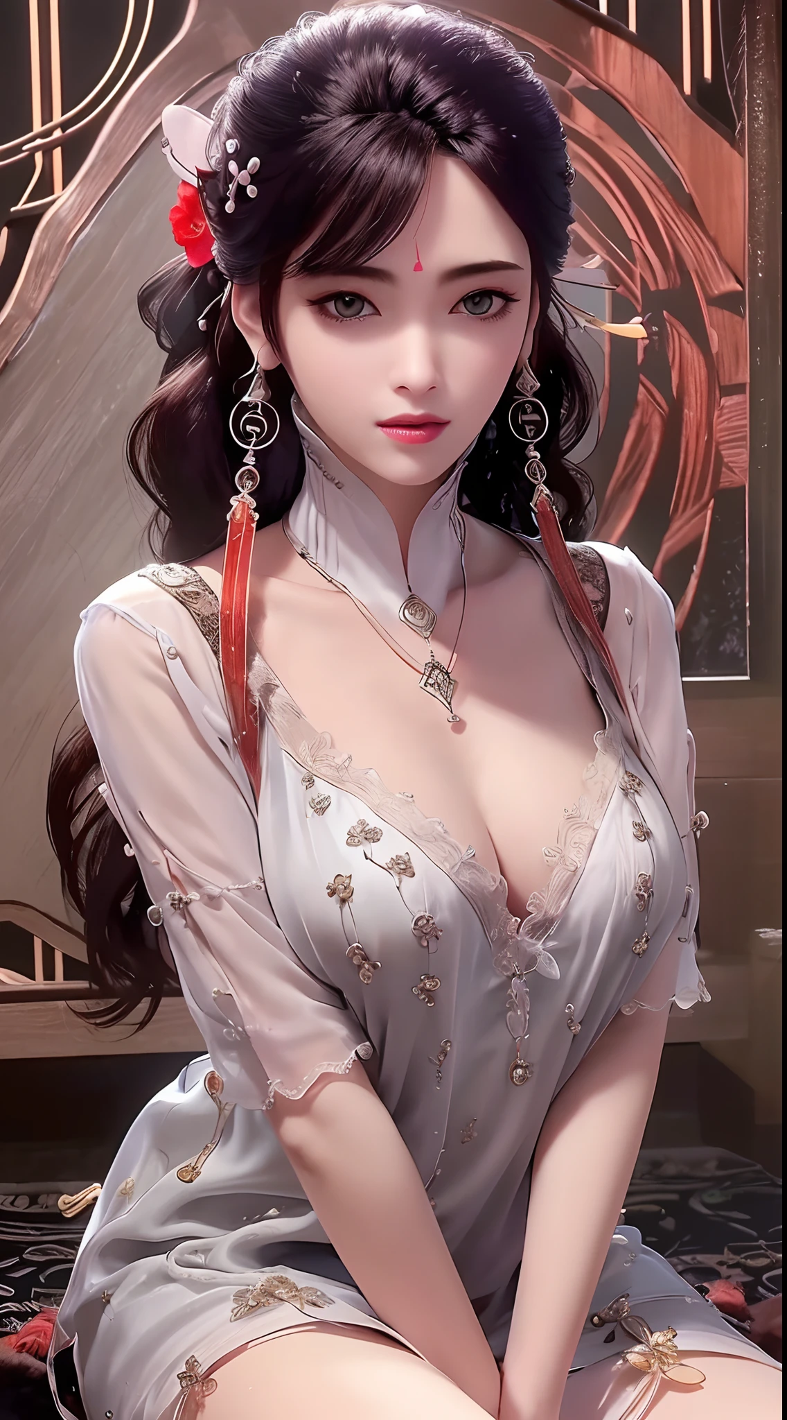1 beautiful and sexy 20 year old girl, ((ultra-thin sexy nightgown with deep slits to cover :1.6)), ((full nude:1.6)), ((long black hair:1.6)), bangs, elaborate jewelry made from precious stones and beautiful hair, ((wearing a black lace necklace:1.4)), the noble, noble style of an extremely girl beautiful, super cute small face, ((bright face:1.2)), very pretty face, thin eyebrows, eyes are so beautiful and perfect, flawless beautiful face, ((black pupil: 0.8)), very beautiful eyes, ((eyes silver: 1.5)), purple eyeshadow makeup, beautiful makeup and detailed hairdo, eyelashes, steamy eye makeup, high nose, earrings, red lips, ((closed mouth: 1.5)), beautiful lips, slim hands, beautiful thighs best, ((Sitting position, chest puffed out and arms behind: 1.6)), ((Open your legs moderately:1.6)), ashamed, rosy face, clean face, flawless beautiful face, smooth white skin, (big breasts: 1.3)), ((high breasts: 1.6)), firm breasts, beautiful cleavage, (((big and super round breasts: 1.5))), ((super tight breasts: 1.5)), beautiful breasts, busty breasts, perfect body, thrust your chest forward, 8k photo, super high quality, hyper realistic, super 10x pixels, optical, studio bright, edge bright, two-tone lighting, (high detail skin: 1.2), super 8k, soft light, high quality, volumetric light, optical, high resolution optical, light, best photo, 8k quality, smooth sharpness, (((bright white skin, super bright background: 1.2))), (((super bright skin:1.5))), bright colors harmonious light, ((red flower background:1.5)), aurora, lightning, surreal graphics, most realistic graphics, alone, solo, Extremely sharp, surreal images, look at the beautiful girl's body, (((frontal portrait: 1.2)))."