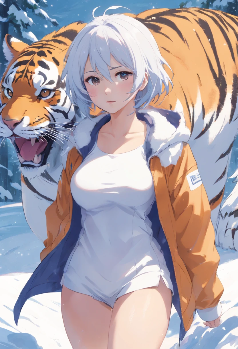 one-girl,White clothes,White hair,Huge tiger,Huge breasts,cleavage,White tiger,Ice and snow,In the snow,Blizzarding,