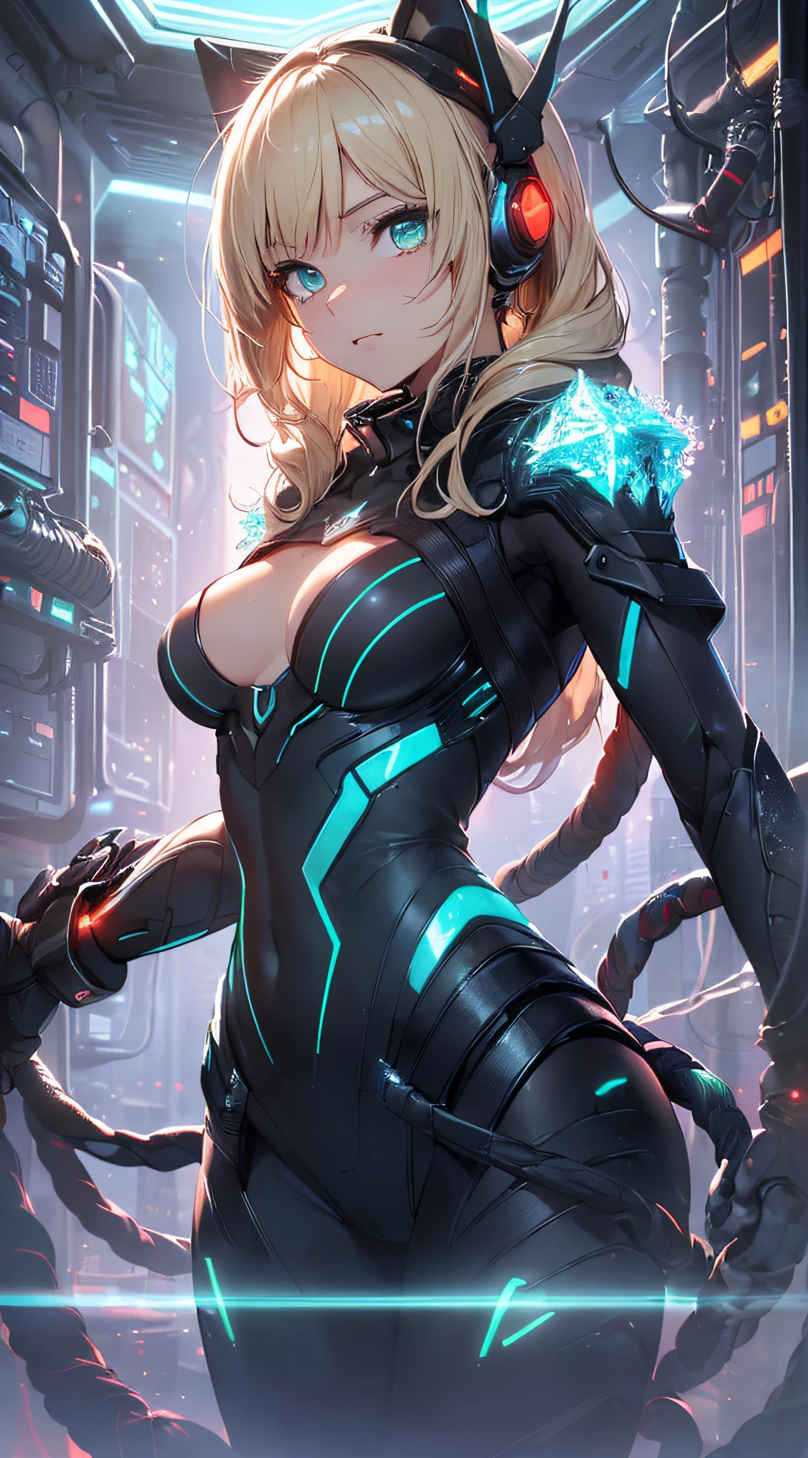 top-quality、Top image quality、​masterpiece、Android Girl((18year old、Red, Black and blue glowing cybersuit、Blue energy source for the chest,Best Bust、Bust 90、Blonde Away Tail、Blue-green eyes、open chest wide、Valley、Happiness、A slender、Warlike face、Stand at the front、Countless cable connections throughout the body、Particles of light、Sharp claw arm)）hiquality、Beautiful Art、Background with((research complex、Cooling system、Frozen capsules、neon color、Cyberworld、Cold、Countless cables、Enemy Android))、masutepiece、Elaborate design、visualart、Theatrical style