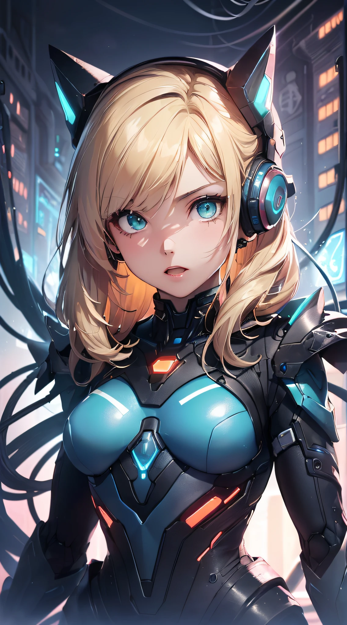 top-quality、Top image quality、masterpiece、Android Girl((18year old、Red, Black and blue glowing cybersuit、Blue energy source for the chest,Best Bust、Bust 90、Blonde Away Tail、Blue-green eyes、open chest wide、Valley、Happiness、A slender、Warlike face、Stand at the front、Countless cable connections throughout the body、Particles of light、Sharp claw arm))hiquality、Beautiful Art、Background with((research complex、Cooling system、Frozen capsules、neon color、Cyberworld、Cold、Countless cables、Enemy Android))、masutepiece、Elaborate design、visualart、Theatrical style