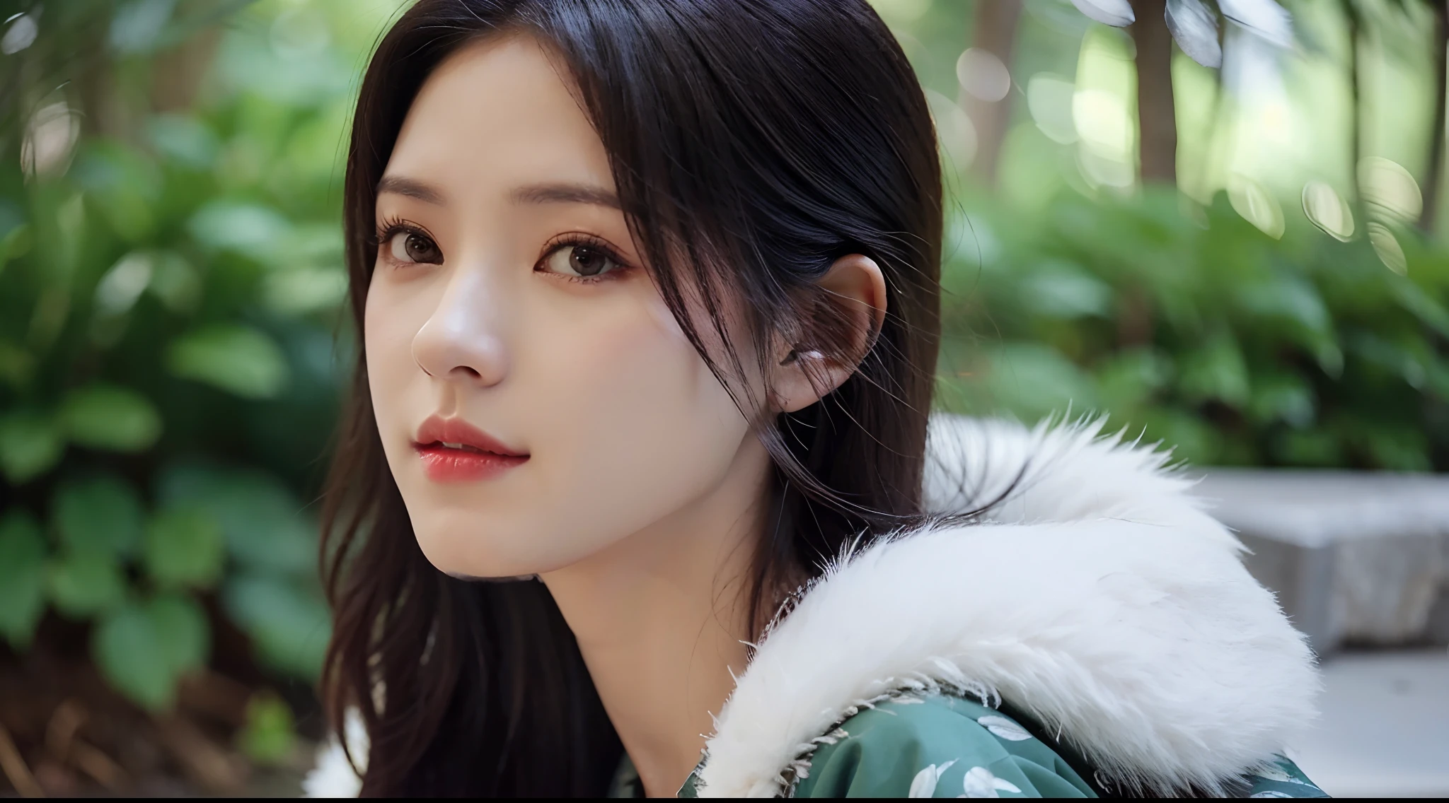 Front light,tree, plant, Palm_tree, water, 1girll, flower, pond, Japanese_clothes, Hair_decorations, potted_plant, Hair_flower, Lily_pads, Solo, Bamboo, branch, Lake, White_komono,, day, sash, Looking_at_peeping at the viewer, Grass, Bush, bridge, Obi, Wide_Sleeves, Smile, Long_Hair, leafs, Breasts,(A half body,Close-up:1.3),Face lighting