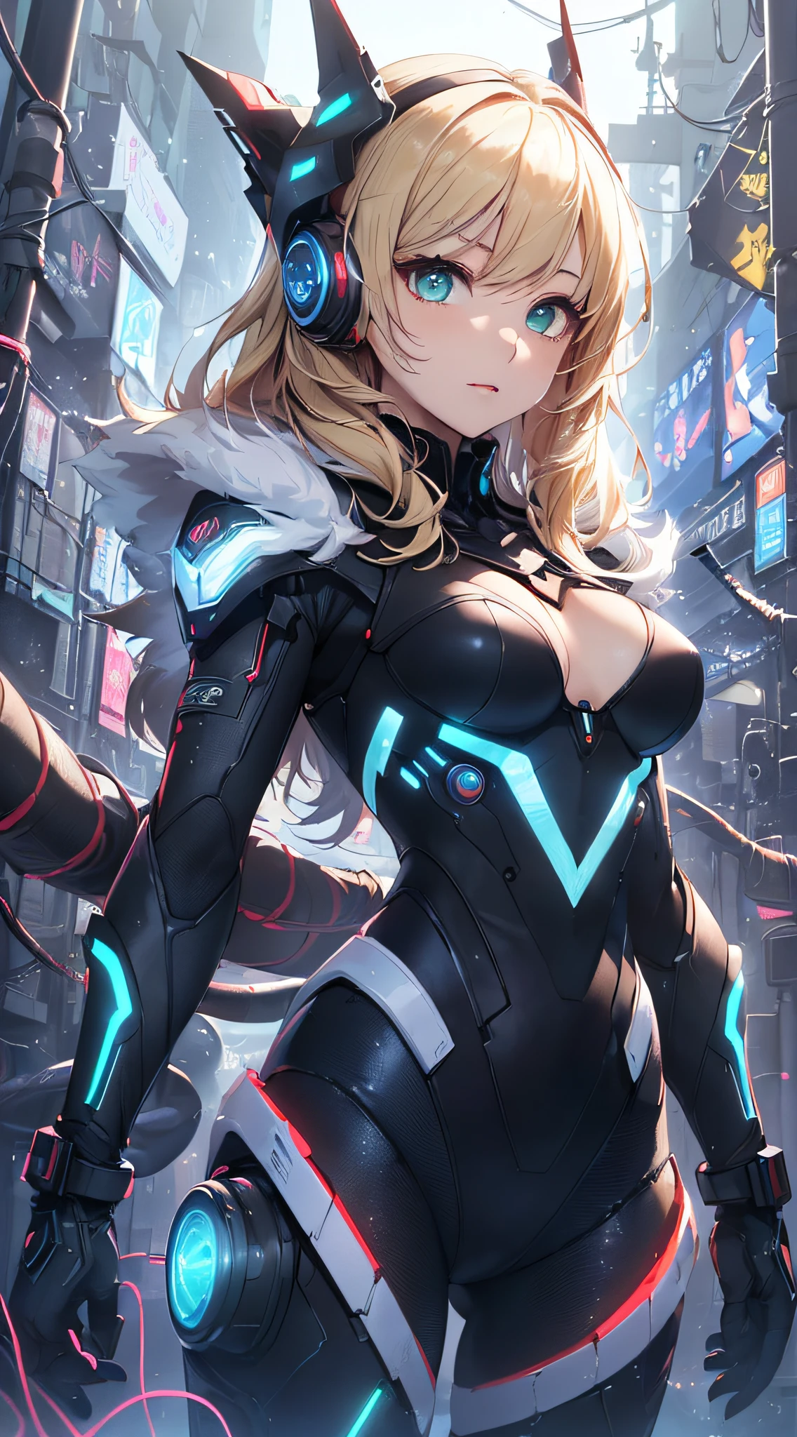 top-quality、Top image quality、​masterpiece、Android Girl((18year old、Red, Black and blue glowing cybersuit、Blue energy source for the chest,Best Bust、Bust 90、Blonde Away Tail、Blue-green eyes、open chest wide、Valley、Happiness、A slender、Warlike face、Stand at the front、Countless cable connections throughout the body、Particles of light、Sharp claw arm)）hiquality、Beautiful Art、Background with((research complex、Cooling system、Frozen capsules、neon color、Cyberworld、Cold、Countless cables、Enemy Android))、masutepiece、Elaborate design、visualart、Theatrical style