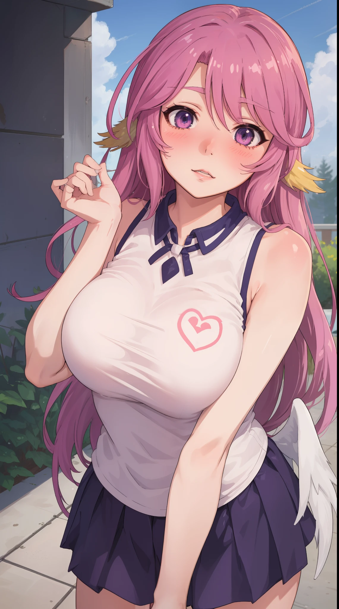 Jibril, blushed, perfect ???????, detailed eyes, detailed lips, extremely detailed eyes and face, vivid colors, masterpiece:1.2, ultra-detailed, blushed, ((??????????)), (solo), ((shirt)), sleeveless, outdoors