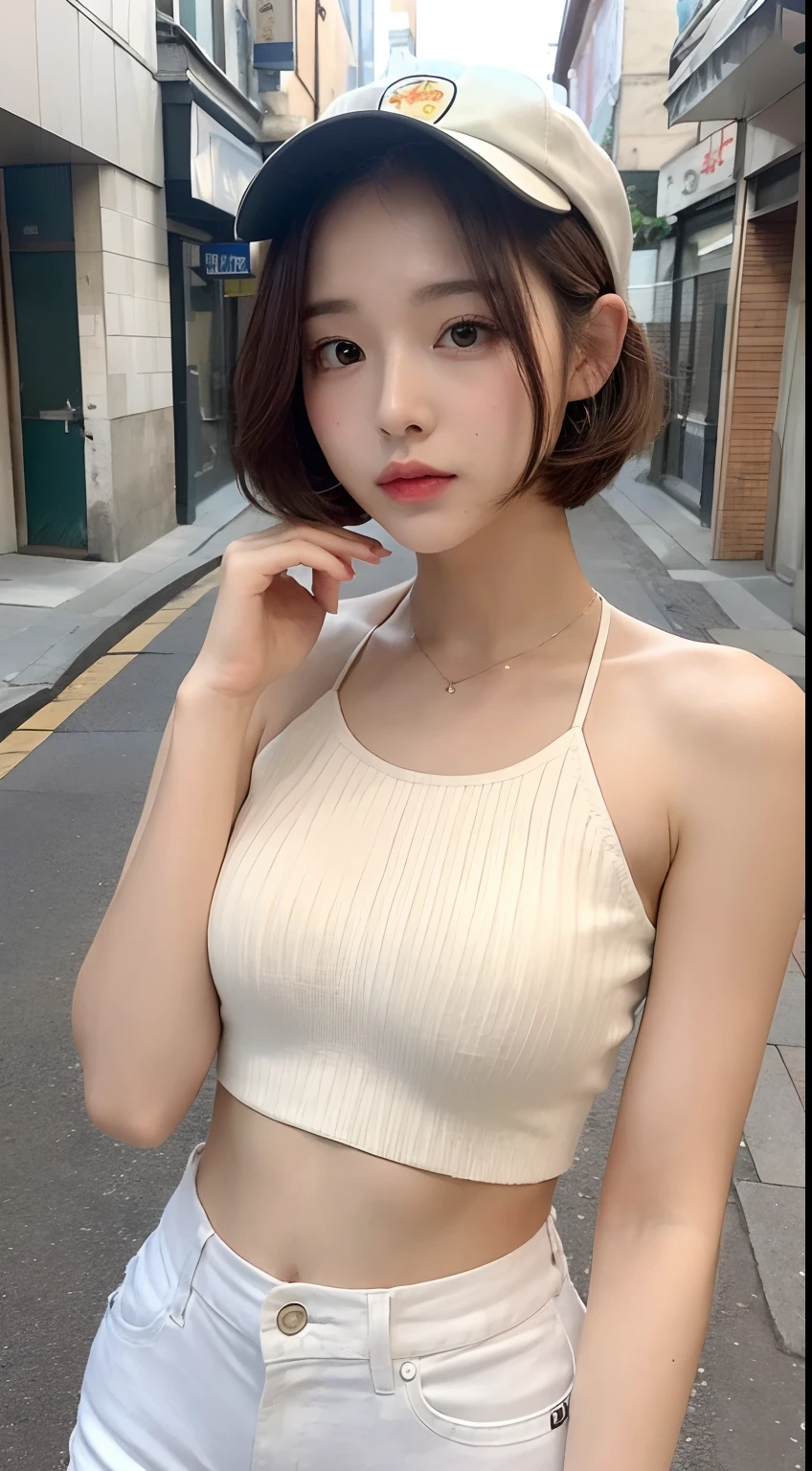 gravure photography, upper body photo of a girl in a white sheer fabric(short camisole), solo, ((hardnipples)), realistic(face, body, high detailed skin, skin pores), (big breasts:0.88), detailed brown eyes, blusher, black choker, earrings, (messy bob hair), (short pink hot pants), shiny pink lips, closeup, (smiling eyes:0.375), ((grinning:1.125)), depth of field, outdoors, blurred background, eye focus, (nsfw:1.16),