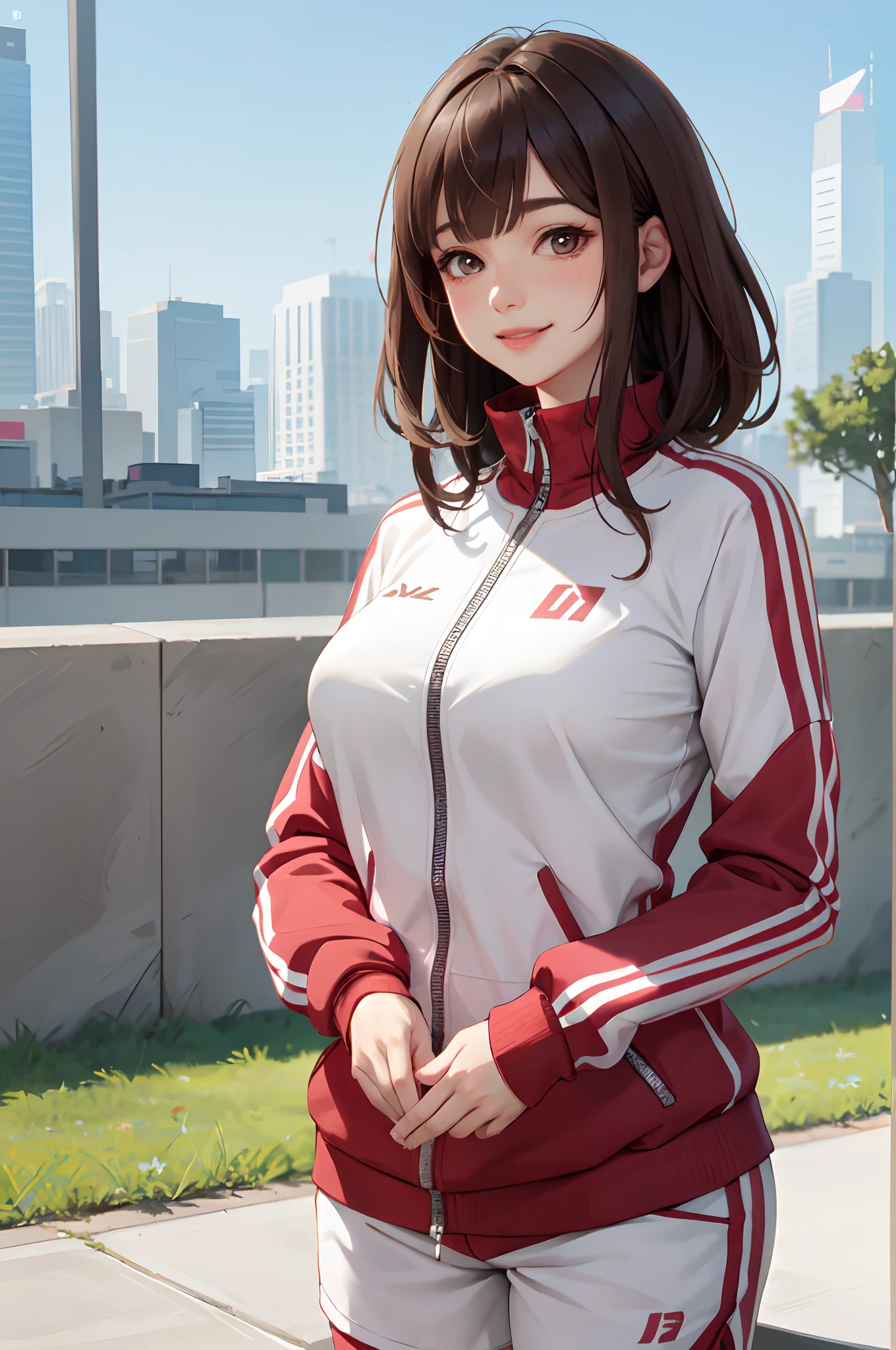 1lady standing, mature female, /(stylish tracksuit long sleeve/) /(sports shorts/), /(brown hair/) bangs, blush kind smile, (masterpiece best quality:1.2) delicate illustration ultra-detailed, large breasts, arms down BREAK /(pubric park outdoors/), detailed background