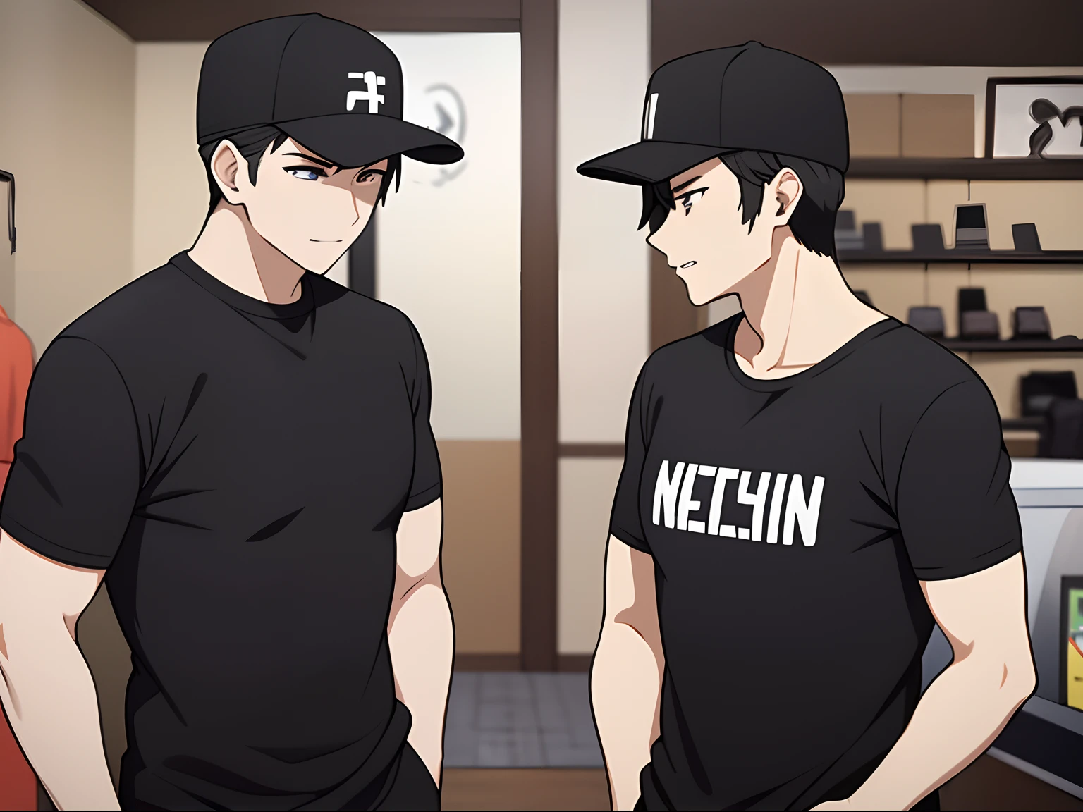 2 men with black hair wearing a holiday tshirt and hat, standing at a shop, Adult men, Sleek physique