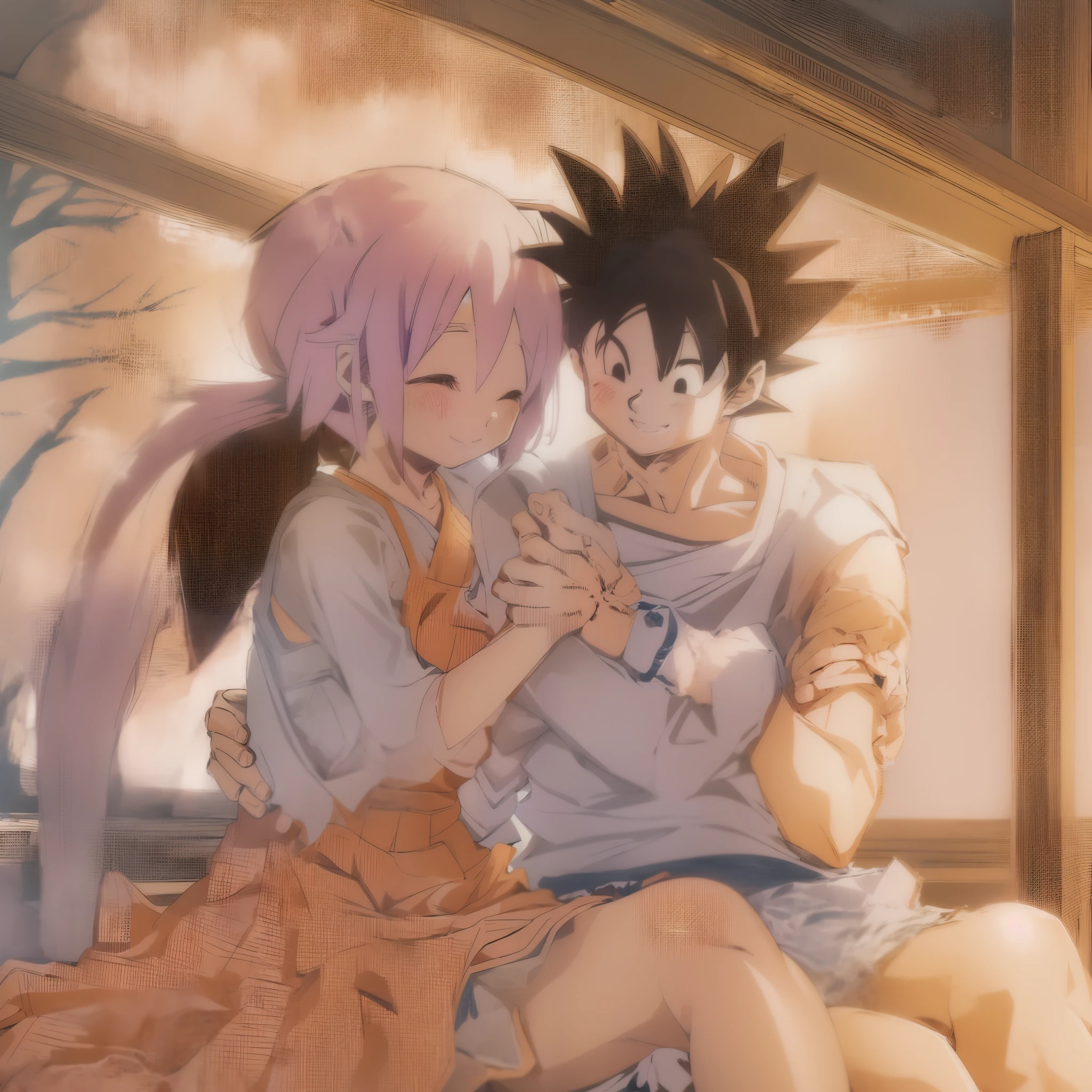 madoka,son goku,couple,husband and wife,love dovey couple,sitting,hug,,smile,(best quality,4k,8k,highres,masterpiece:1.2),ultra-detailed,hug, happy, hous