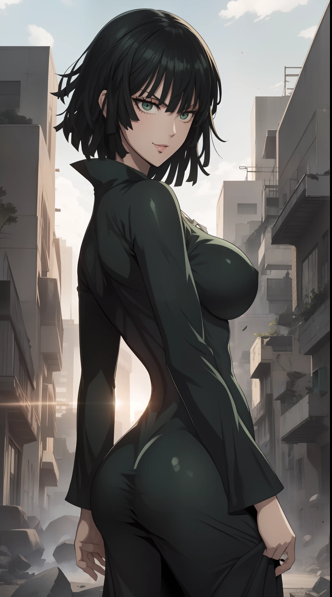 Anime art style, Fubuki from one punch man, green hair, white skin, wearing V-neck dress, standing on destroyed city, cinematic lights, sunlight, smiling blushing cheeks, big breast, big booty, back view.