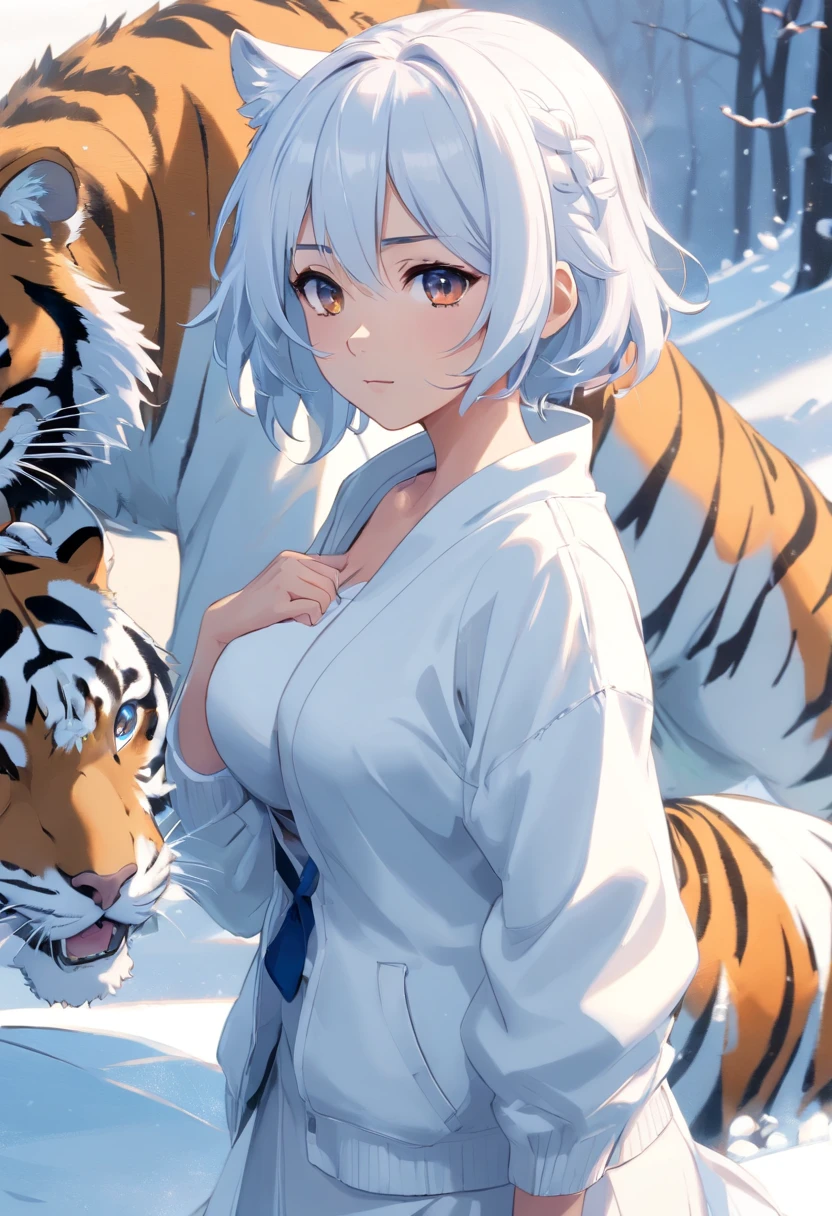 one-girl,White clothes,White hair,Huge tiger,Huge breasts,cleavage,White tiger,Ice and snow,In the snow,Blizzarding,