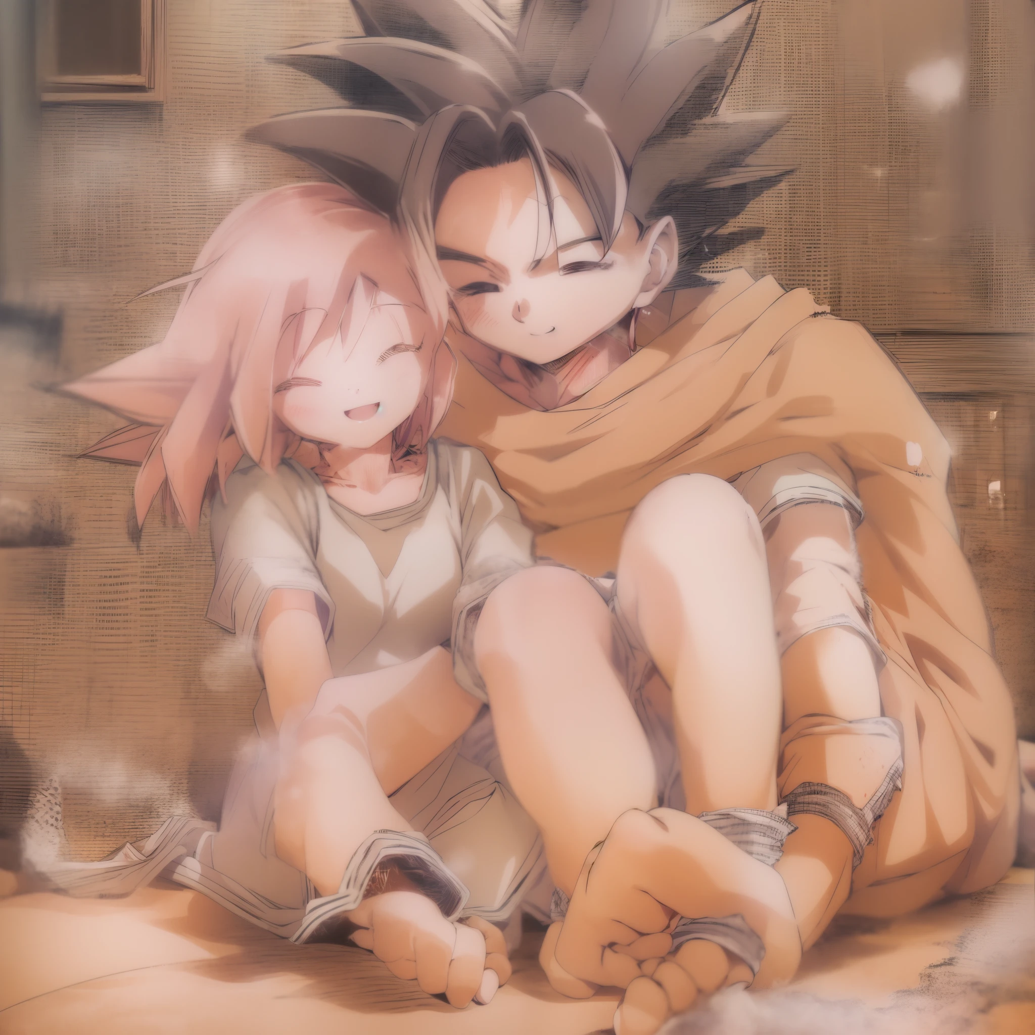 madoka,son goku,couple,husband and wife,love dovey couple,sitting,hug,,smile,(best quality,4k,8k,highres,masterpiece:1.2),ultra-detailed,hug, happy, hous