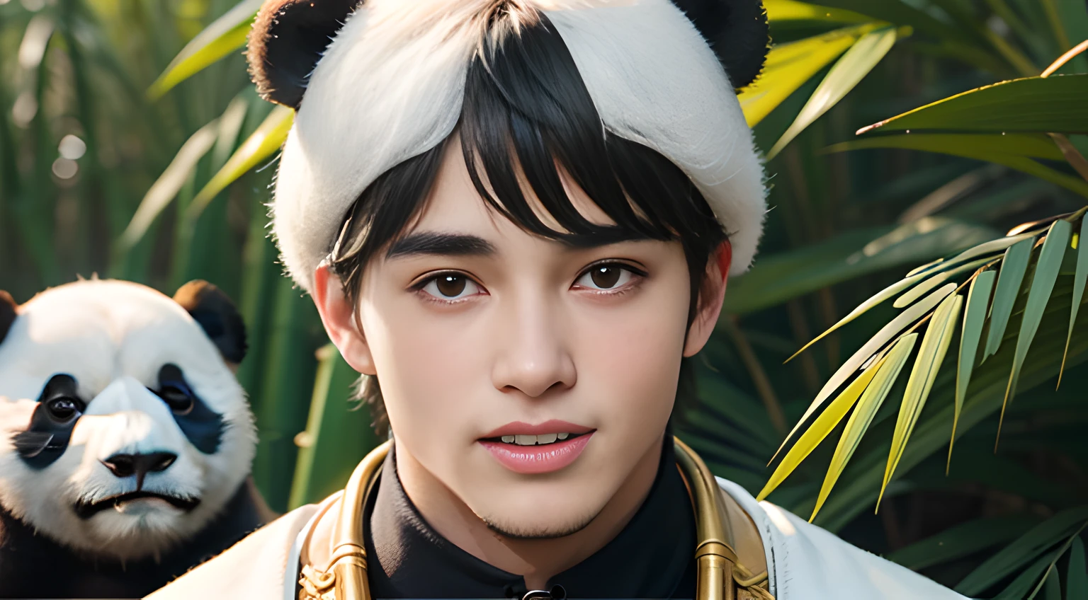(((Men only))), ((head shot)), ((Pietro Boselli)), (((with Panda from China))), ((many bamboos)), ((Handsome muscular man in his 20s)), (Big smile), (detaile: 1 in 1), Natural muscles, HIG quality, beautidful eyes, (Detailed face and eyes), (Face、: 1 / 2), Noise, Real Photographics、... ........................................................................................................................PSD, Sharp Focus, High resolution 8K, realisitic & Professional Photography, 8K UHD, Soft lighting, High quality, Film grain, FujifilmXT3