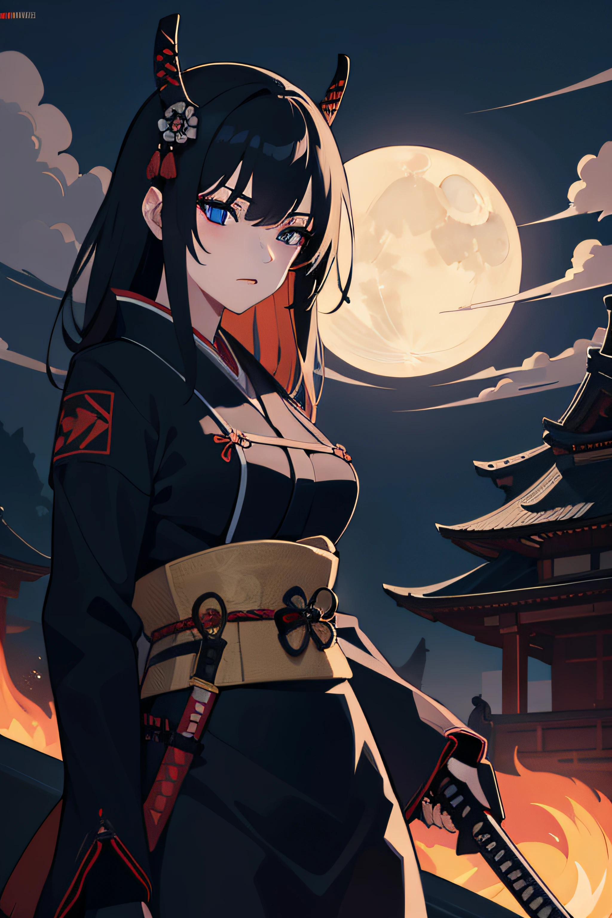 (Masterpiece, Best Quality), 8k Wallpaper, highly detailed, sexy female ronin, samurai, katana, japan, night, moonlight, vector style art, erotic, movie poster style, thick outline, lettering.