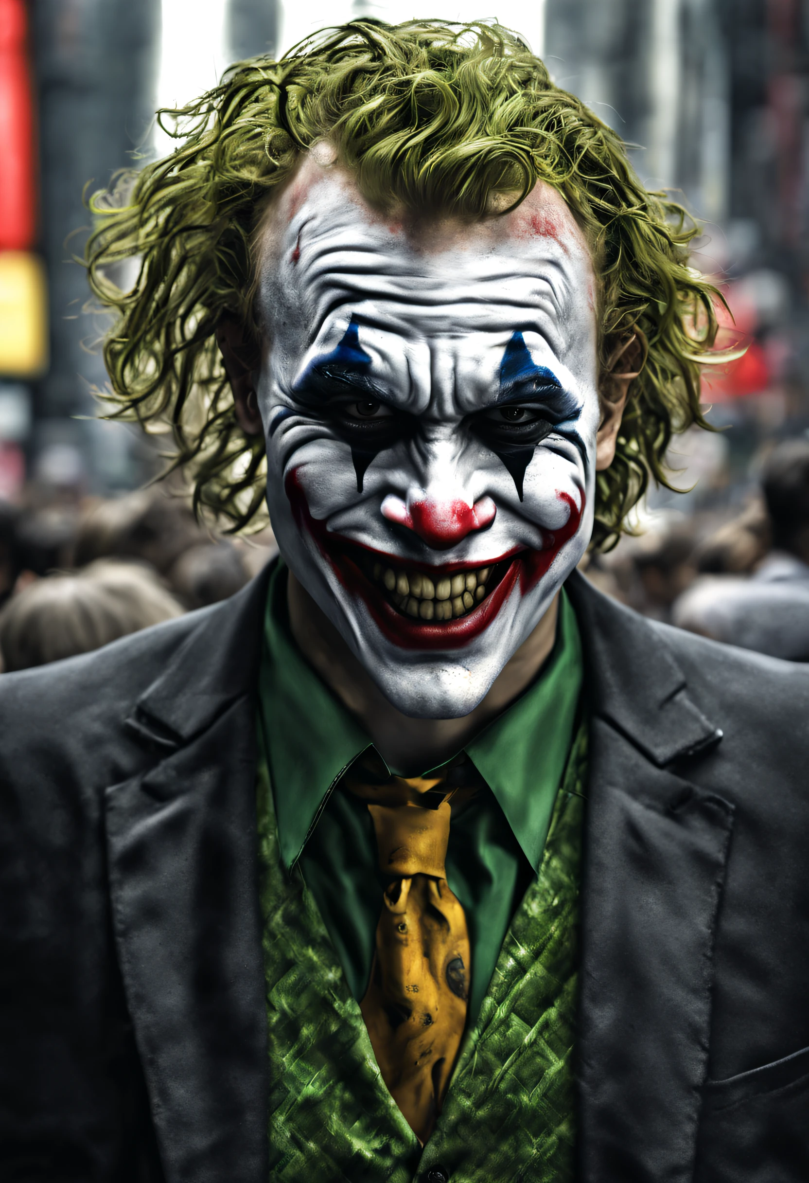 New York, Time square, Joker heath ledger, macabre, horror, mouth sharp teeth, full body photo, gray skin, cybernetic, technological details, Authentic background, (realism: 1.5), (Realisitc: 1.4) , (Absurdity:1.4 ), 8k,
ultra-detailed, detailed, (one:1.4 only), (Viewer facing:1.3),