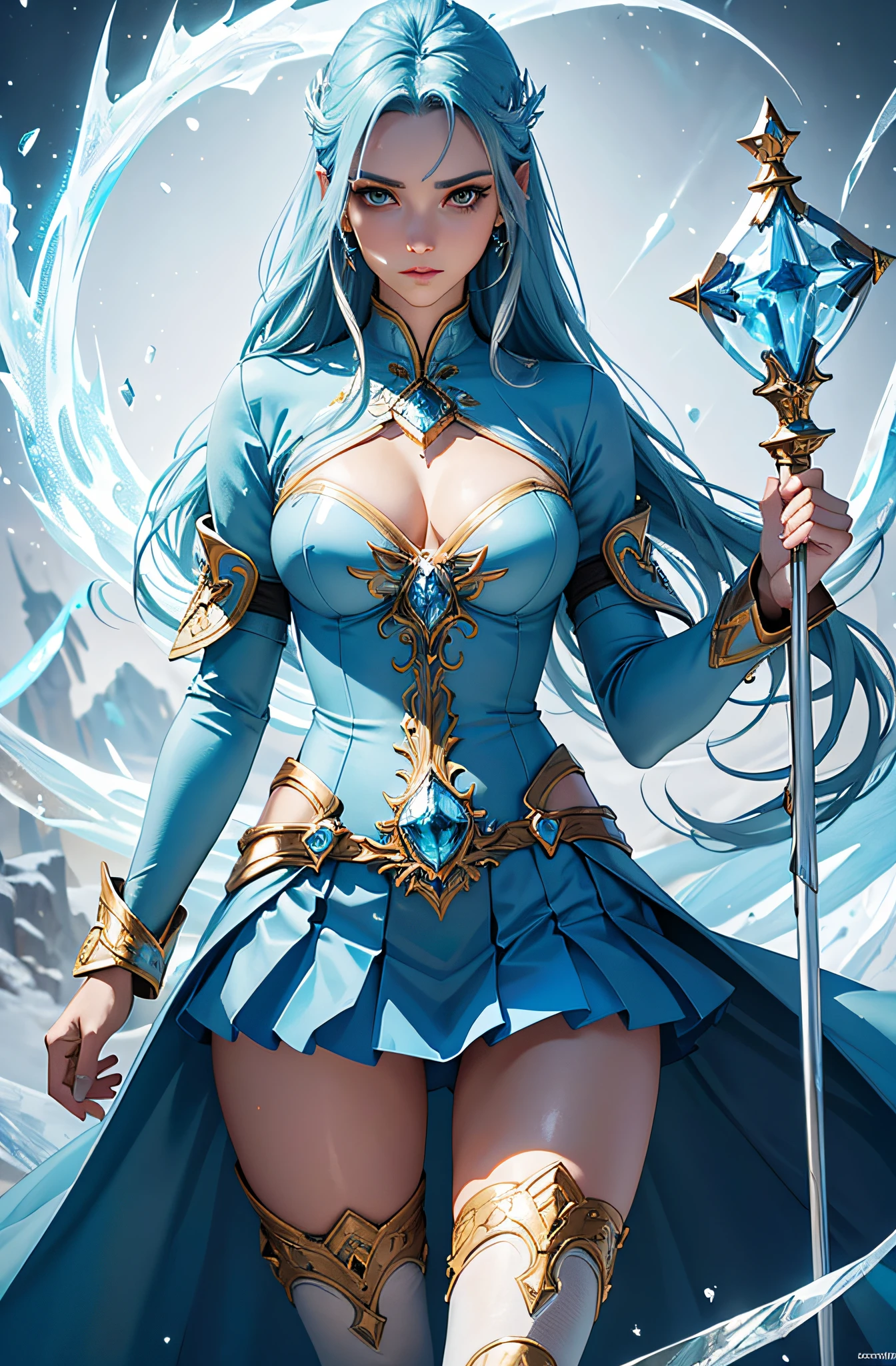 best quality, masterpiece, realistic, Beautiful sexy cool tall, slim, fit woman, wearing light blue skirt with stockings, fantasy shirt, athletic body, intricate and highly detailed, long blue hair, sexy expression, casting ice magic from her hands, ice god, ice master, ice magician, freezing, magical staff, magical abilities