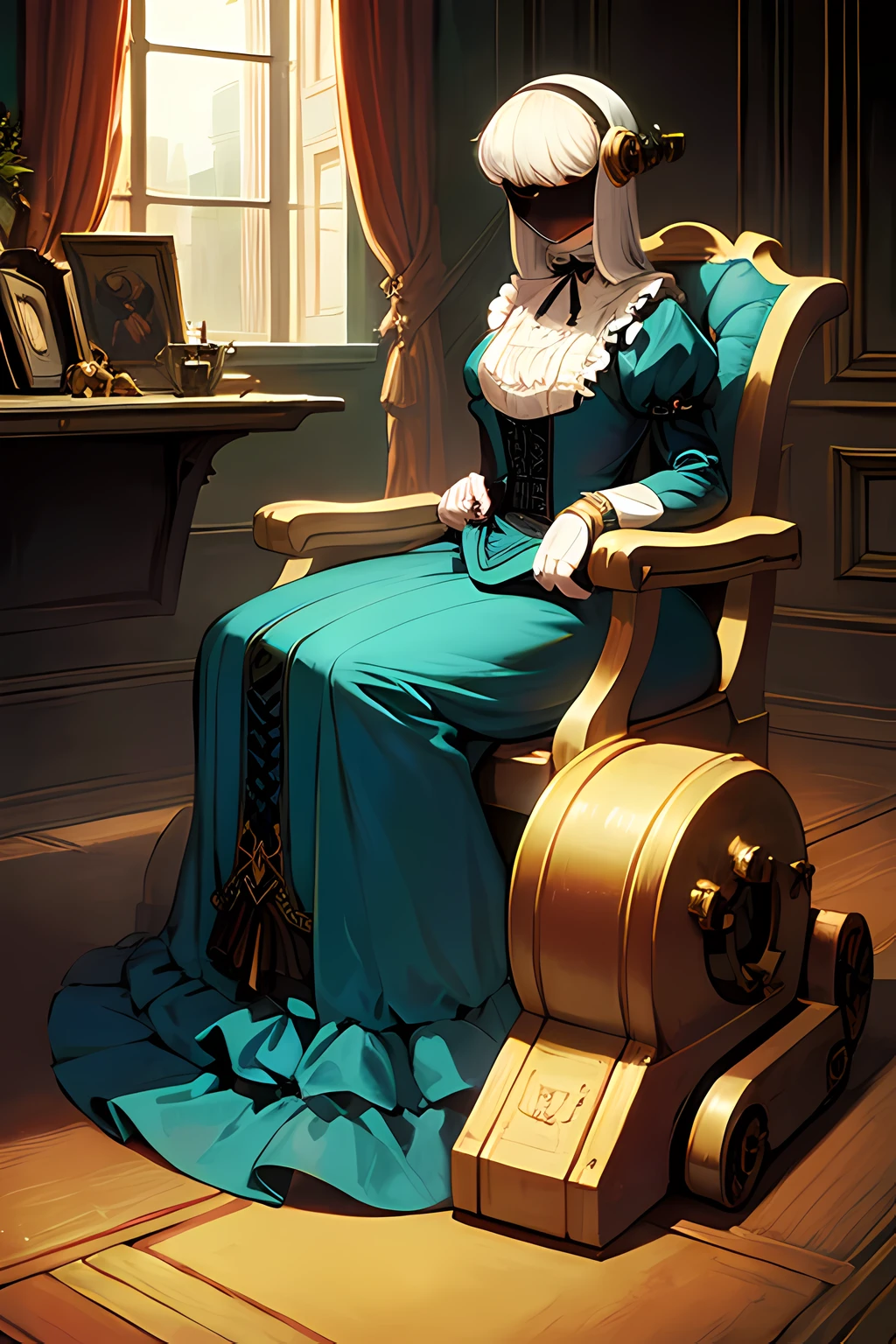 1robot girl, steampunk, white hair, cyan eyes, Victorian clothes, mansion, eyes covered with black bandages