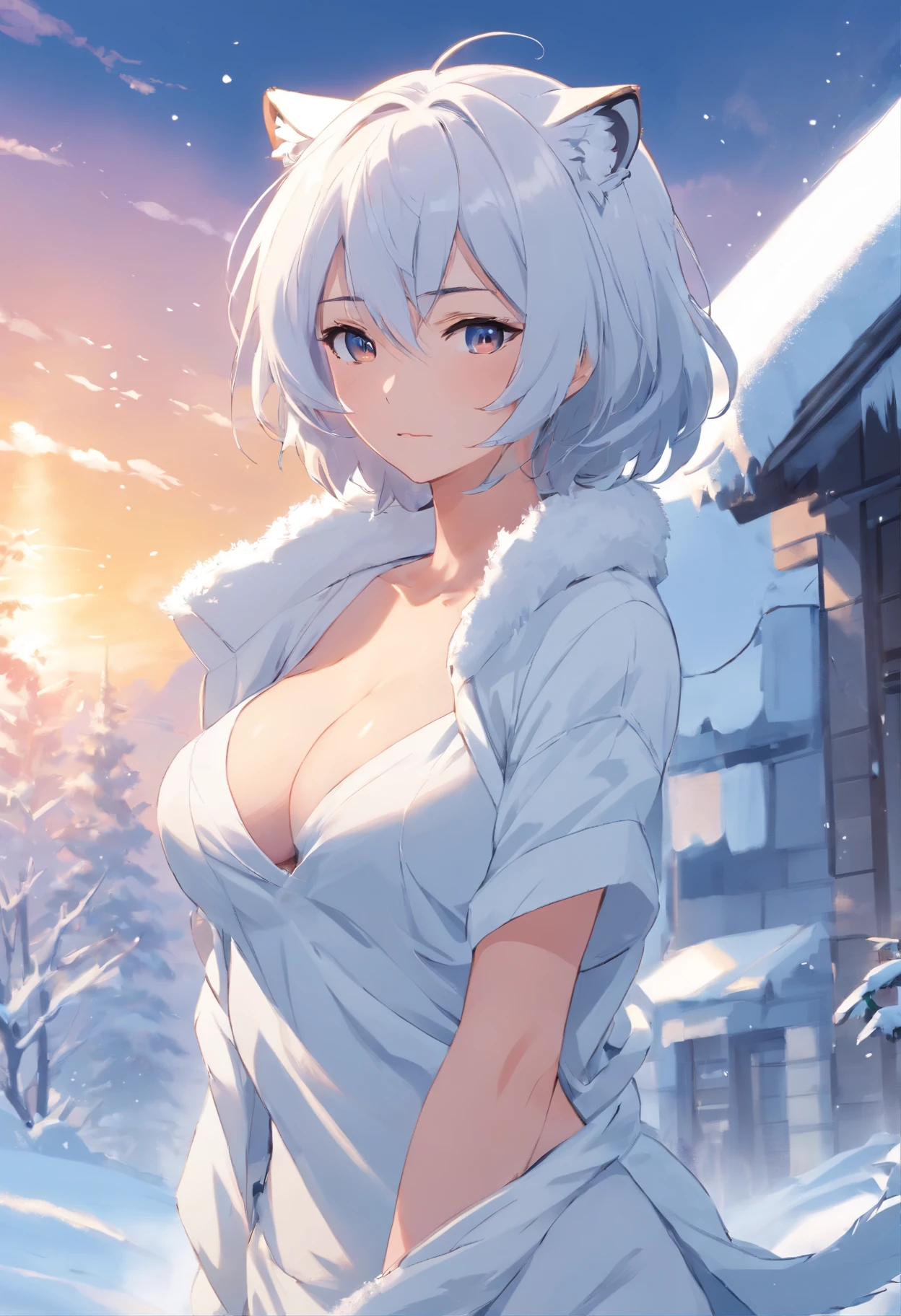 one-girl,White clothes,White hair,Huge tiger,Huge breasts,cleavage,White tiger,Ice and snow,In the snow,Blizzarding,