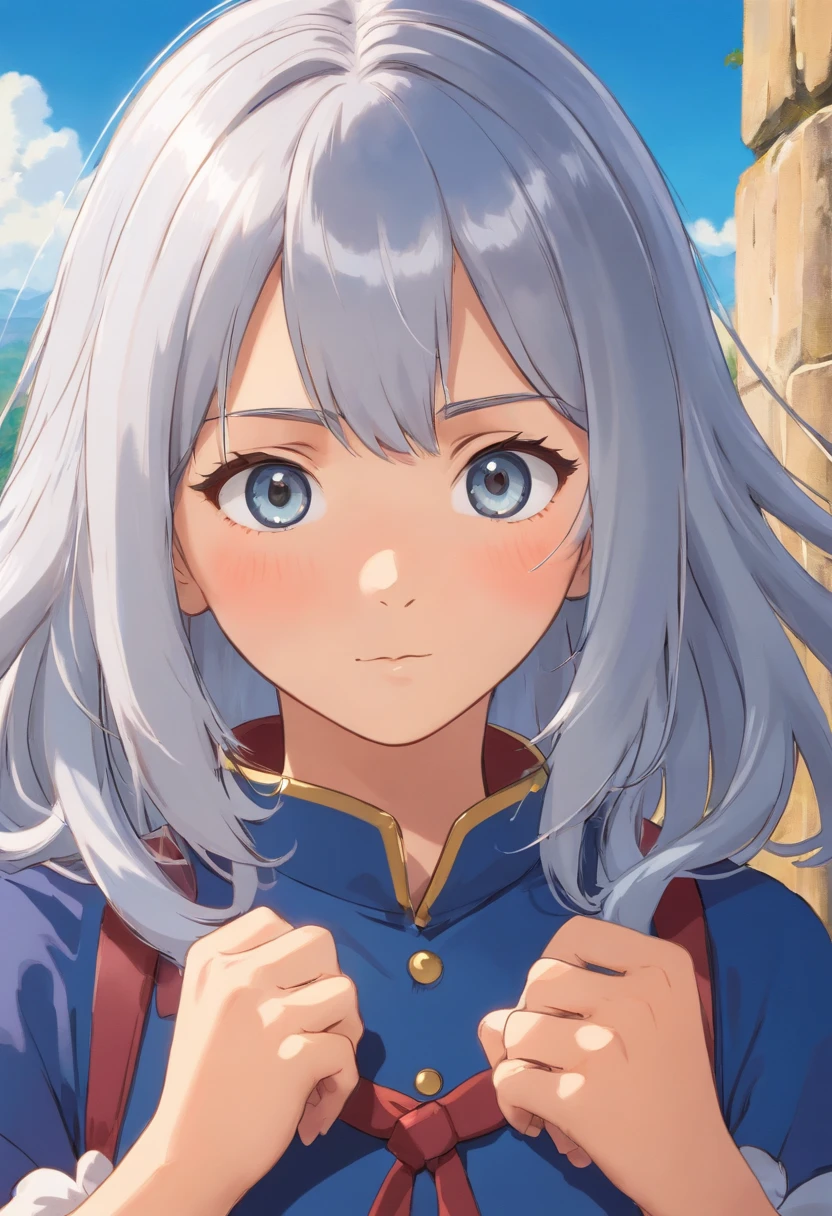 masterpiece,1girl, silver hair,brontarand,solo,looking at viewer, cowboy shot,simple backgroun